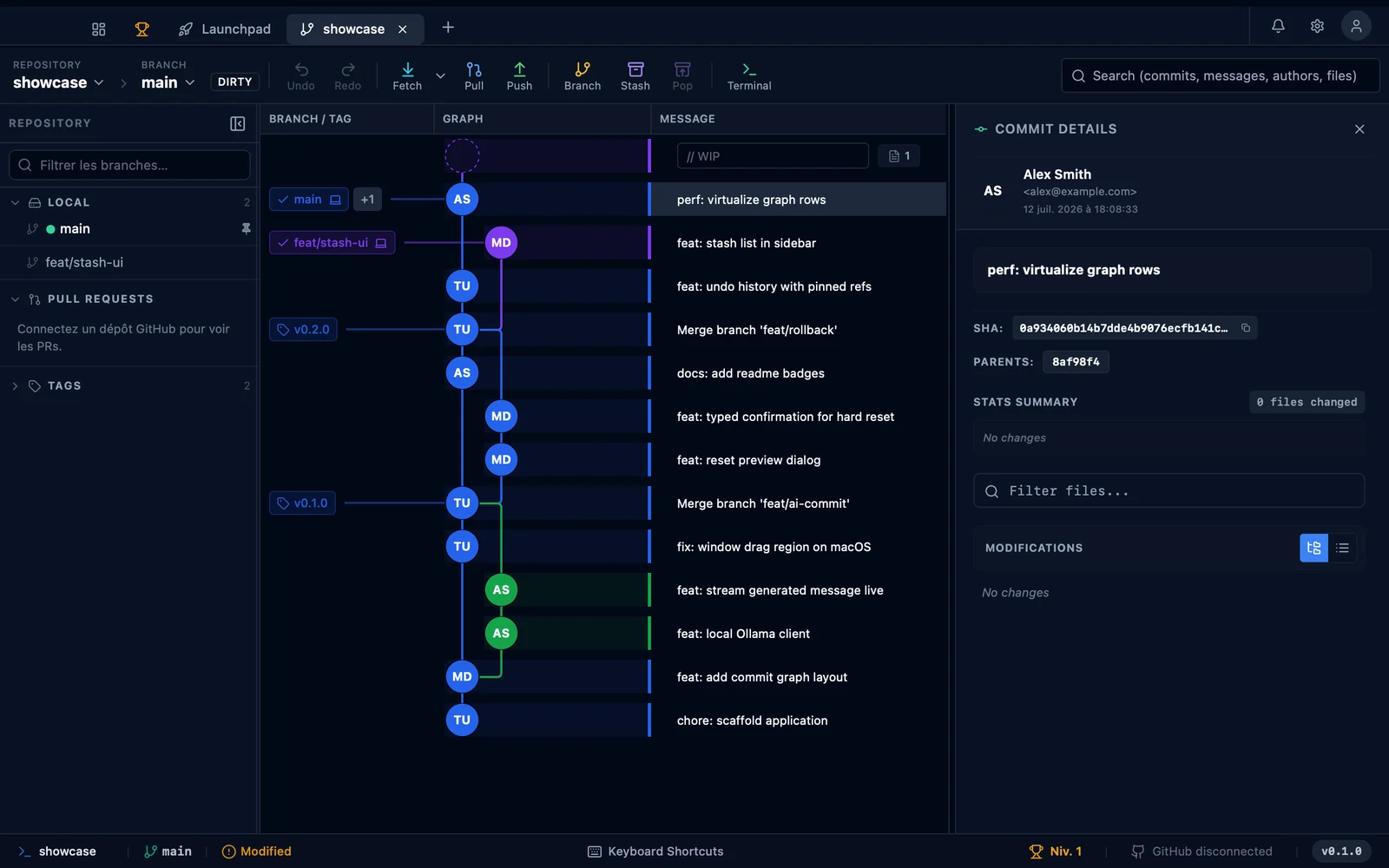 Git Manager's commit graph: branch lanes, avatar nodes, ref labels and a commit details panel