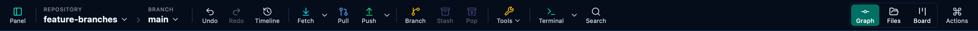 The toolbar carries the day-to-day Git actions