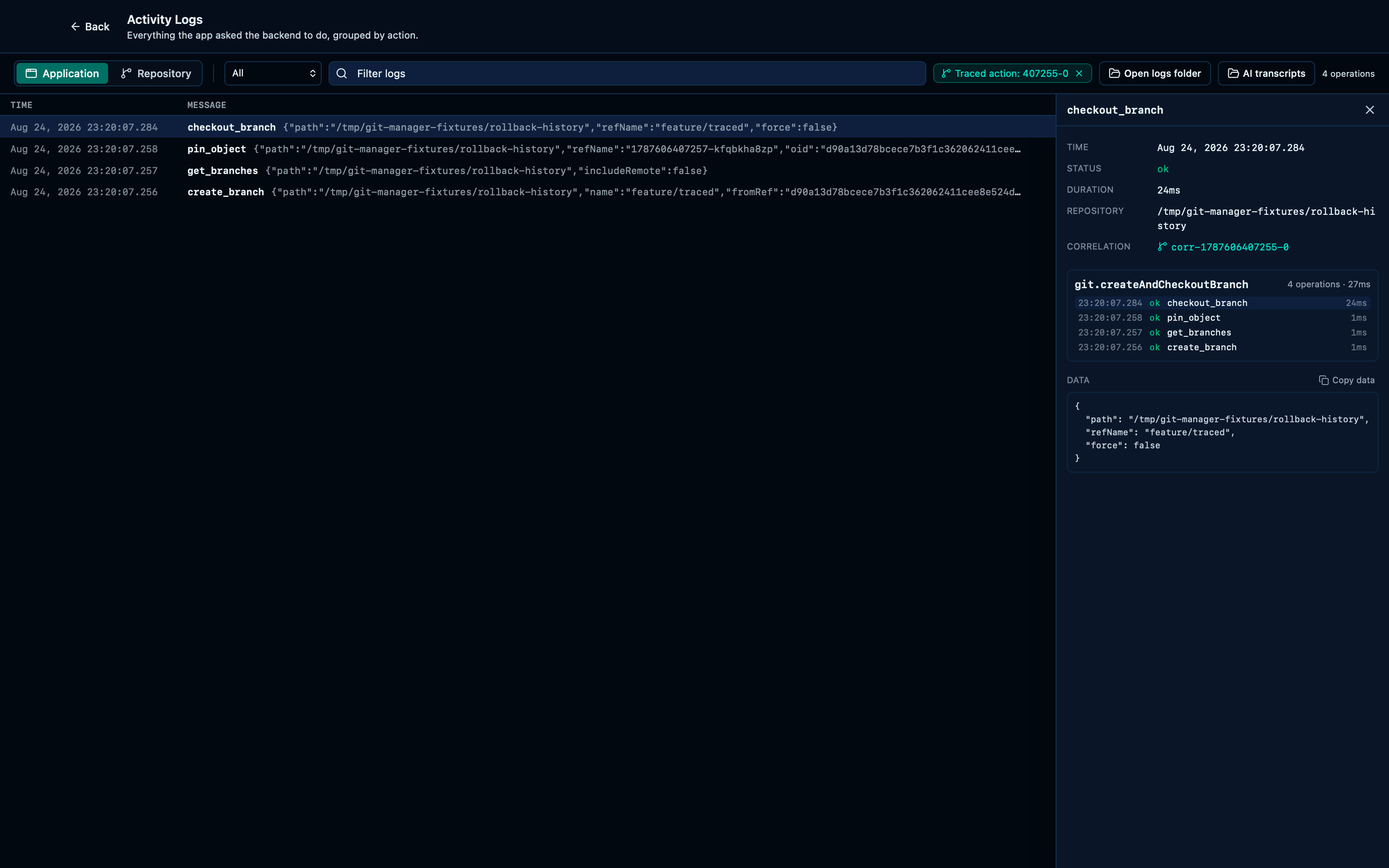 Tracing a multi-step action narrows the log to just its own operations