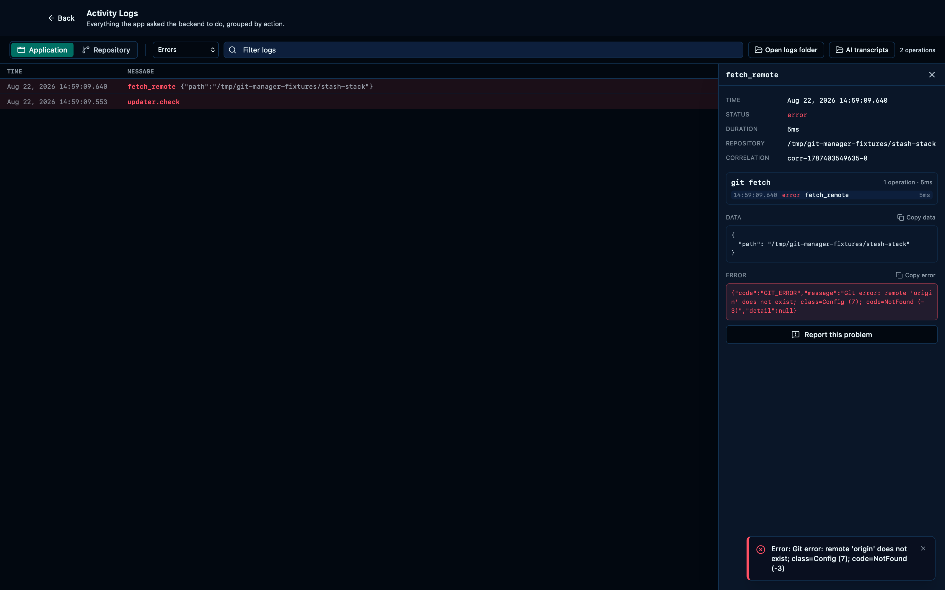 Filtering the activity log to errors only