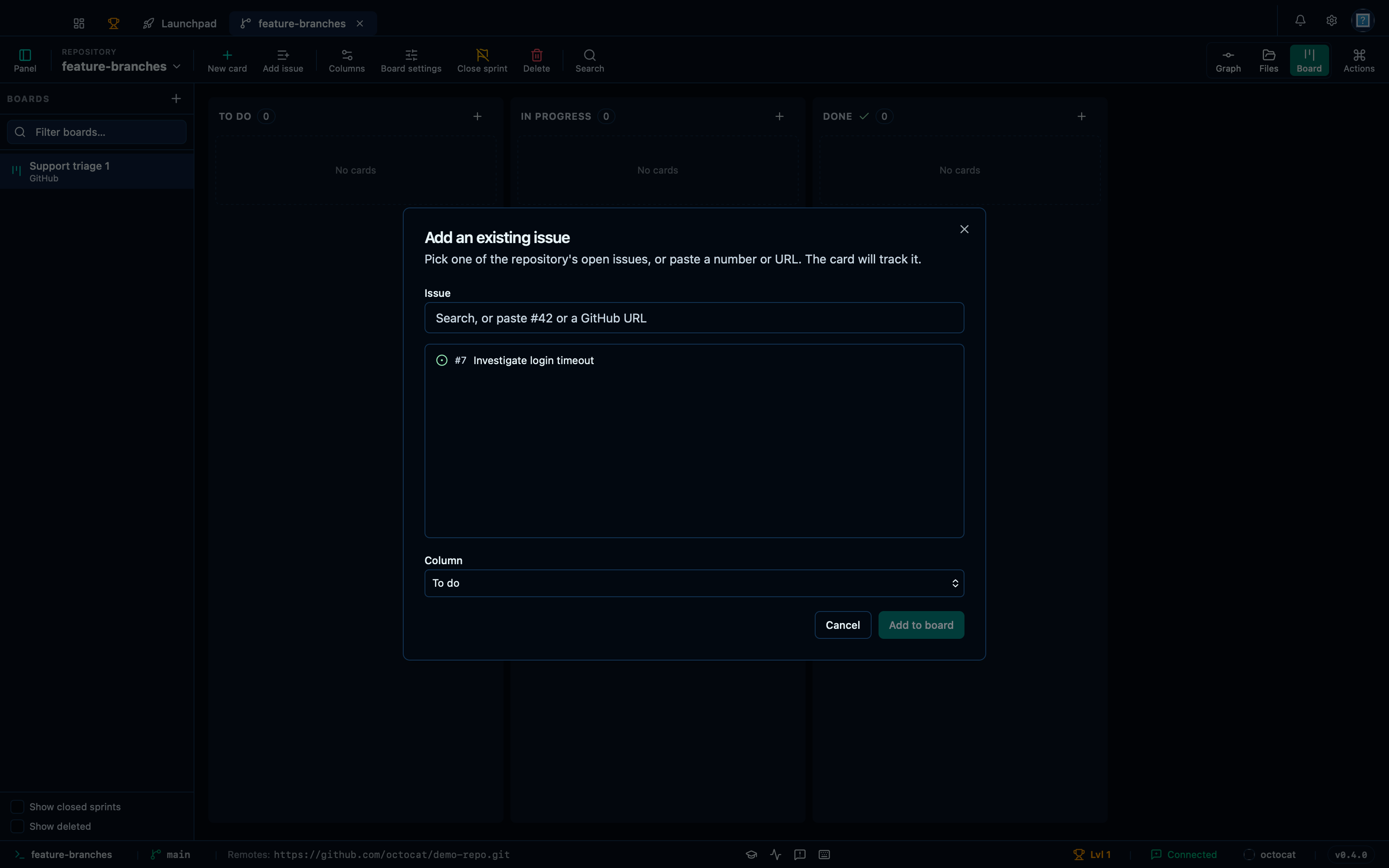 Opening the dialog to add an existing GitHub issue to the board