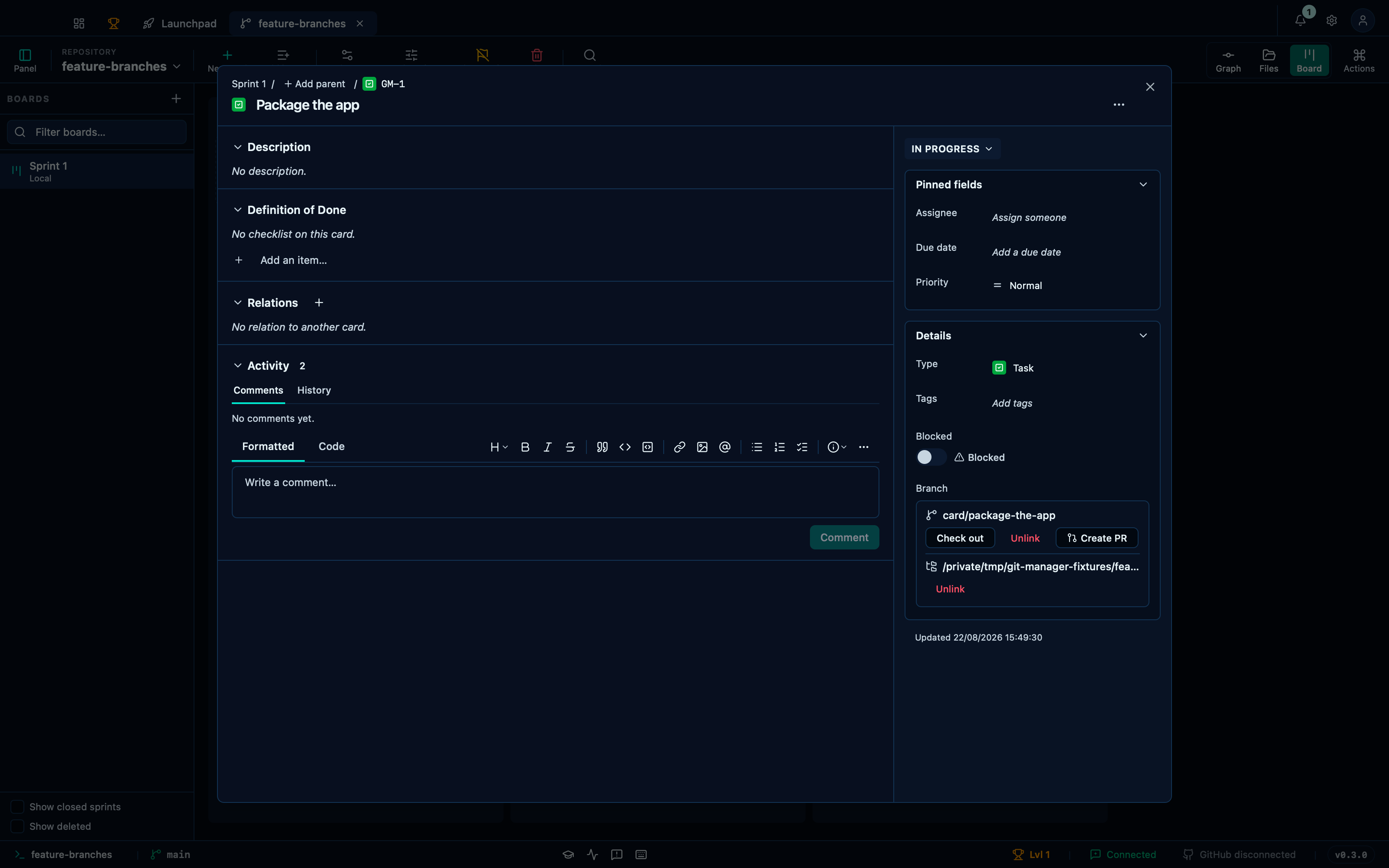 A card's branch can be given a worktree of its own