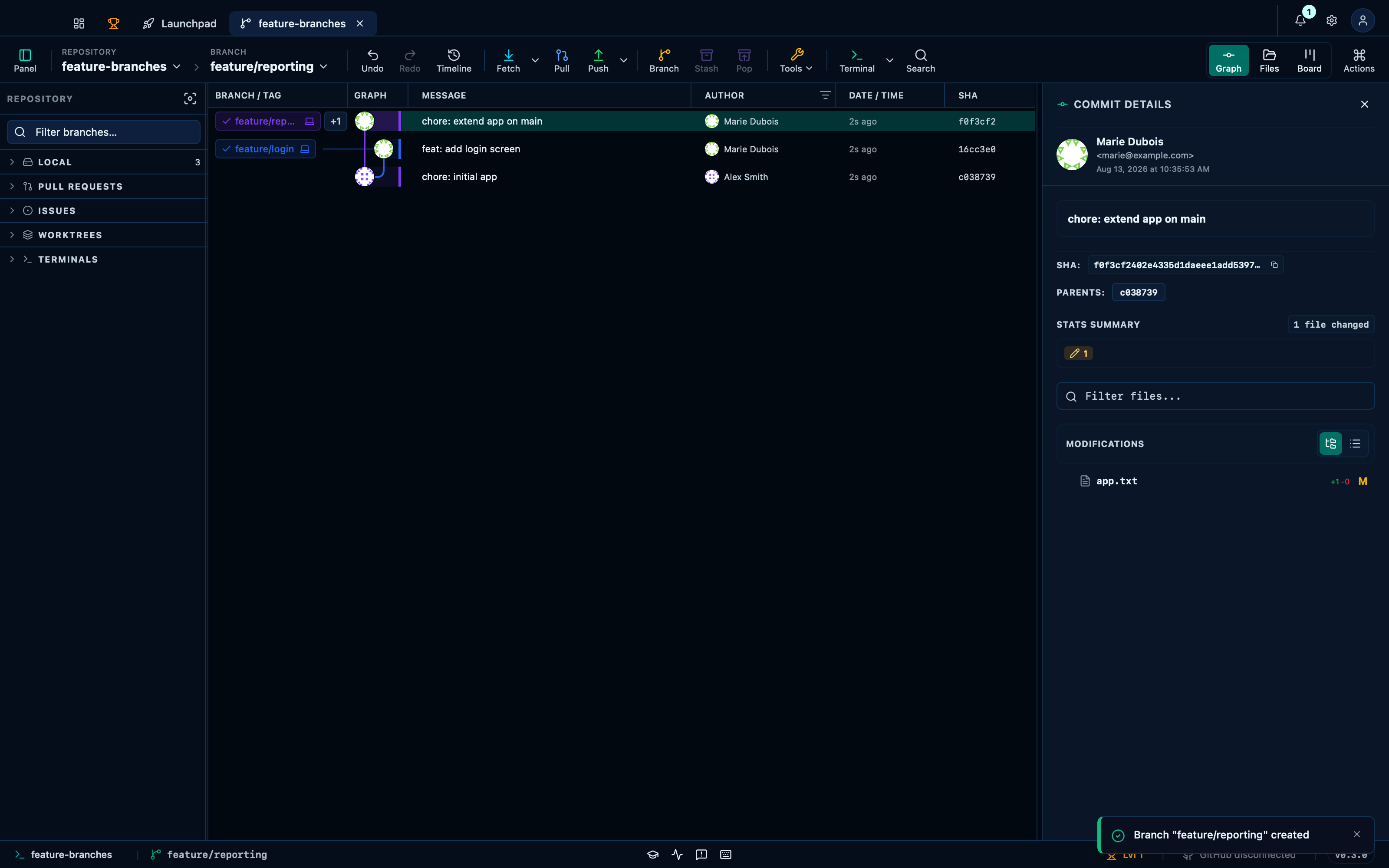 Creating a branch from the toolbar and checking it out