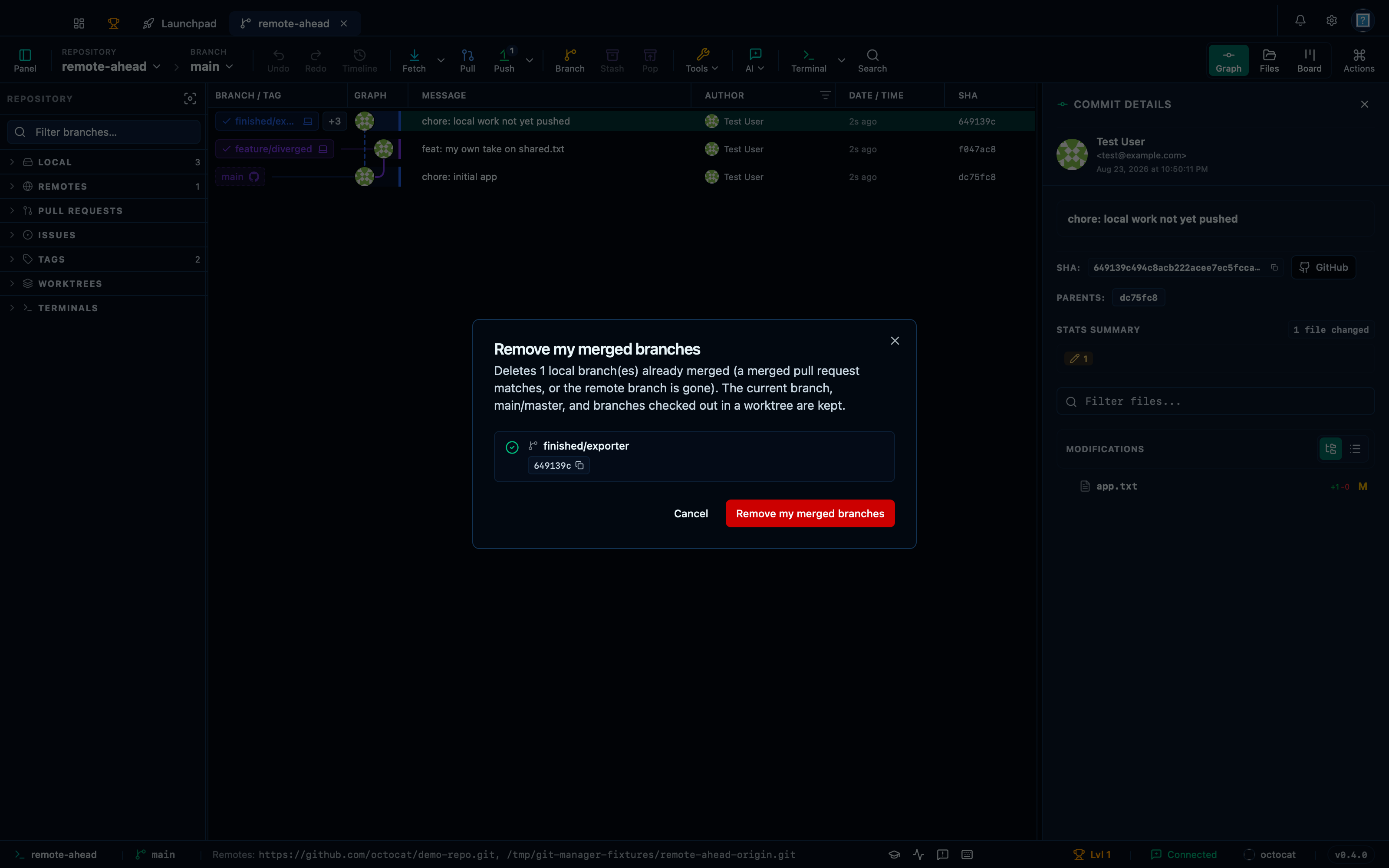 Removing only your own merged branches once an account is connected