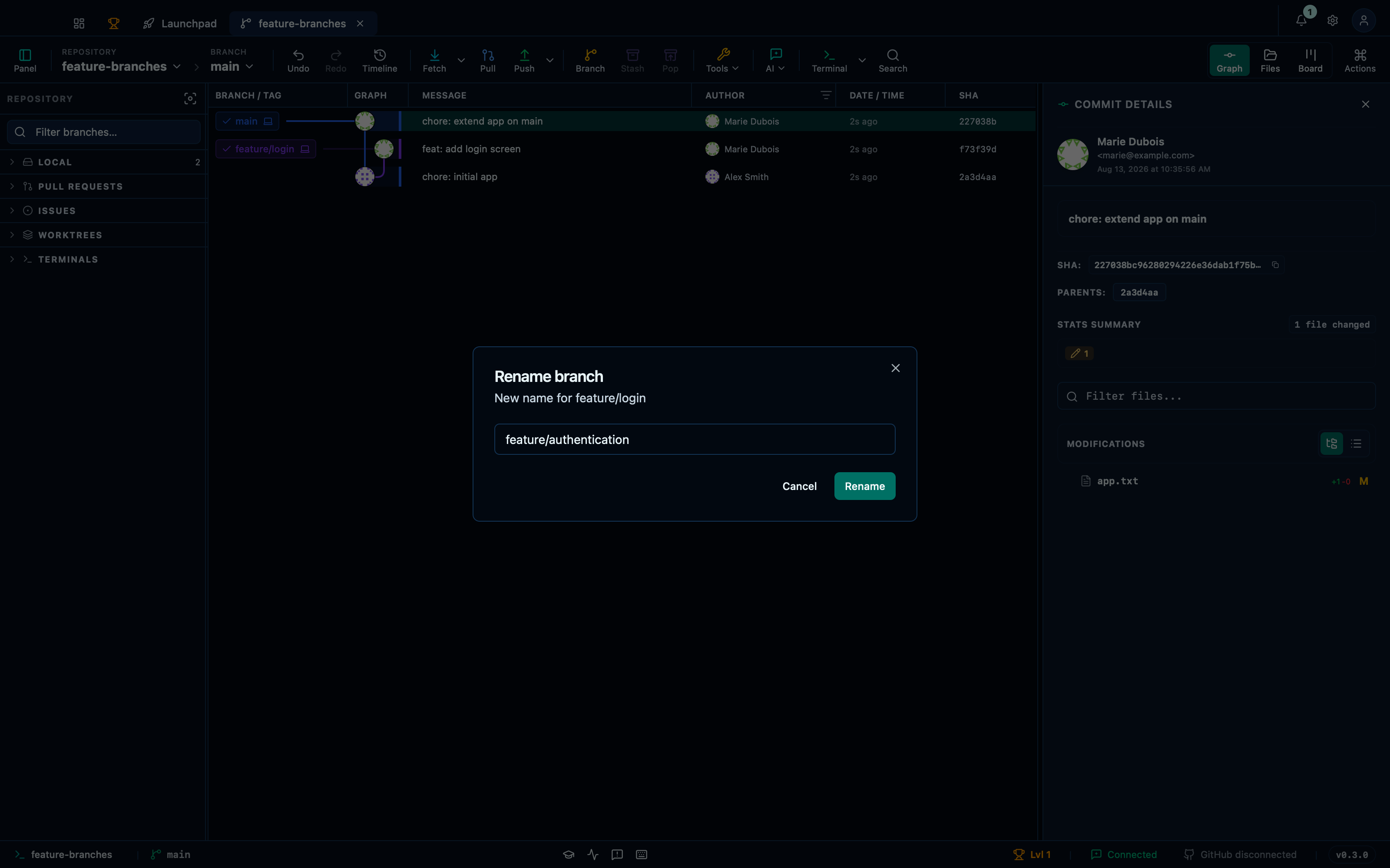 Renaming a branch updates it on disk