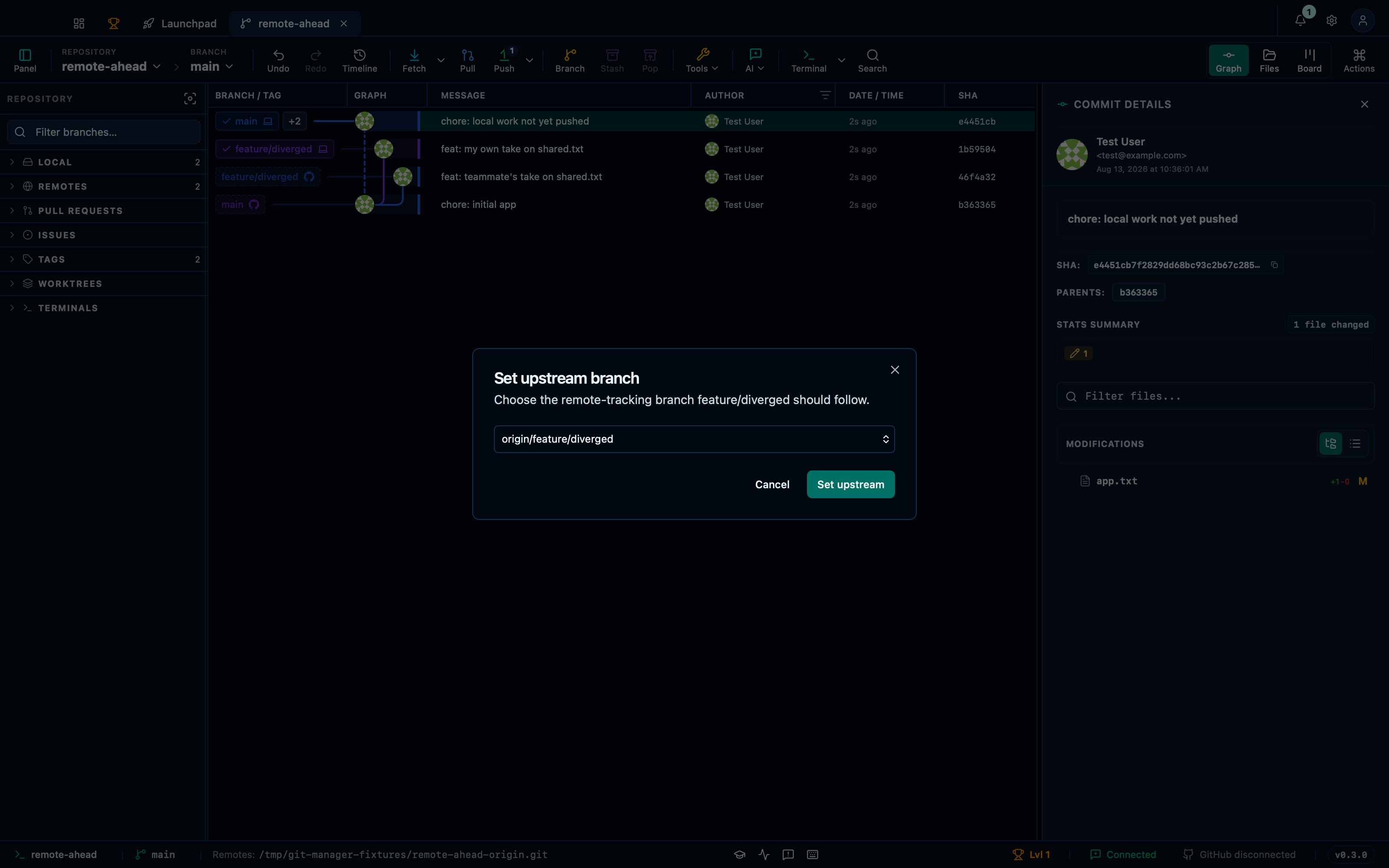 Setting a branch's upstream configures tracking on disk