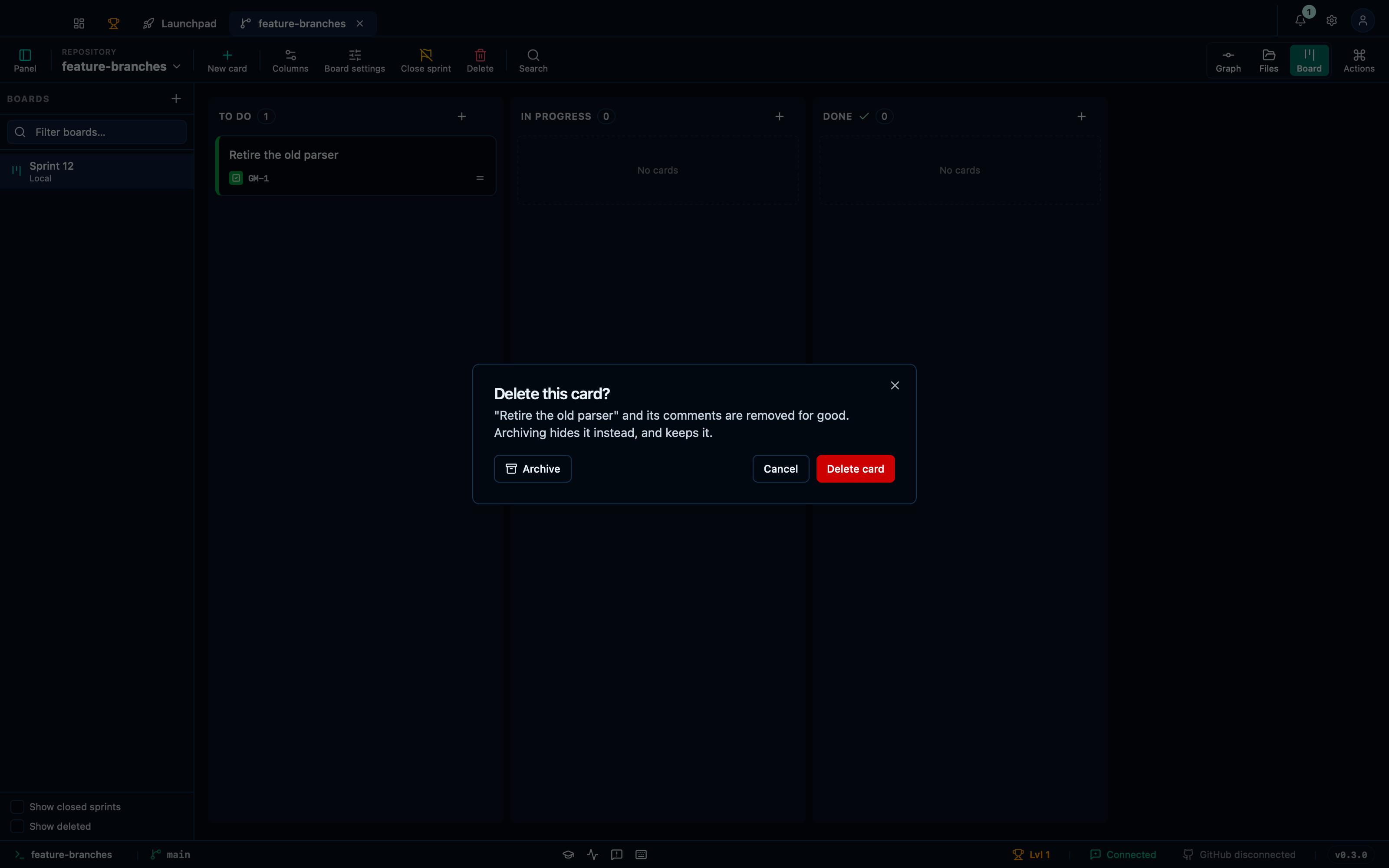 Deleting a card offers archiving as the reversible way out