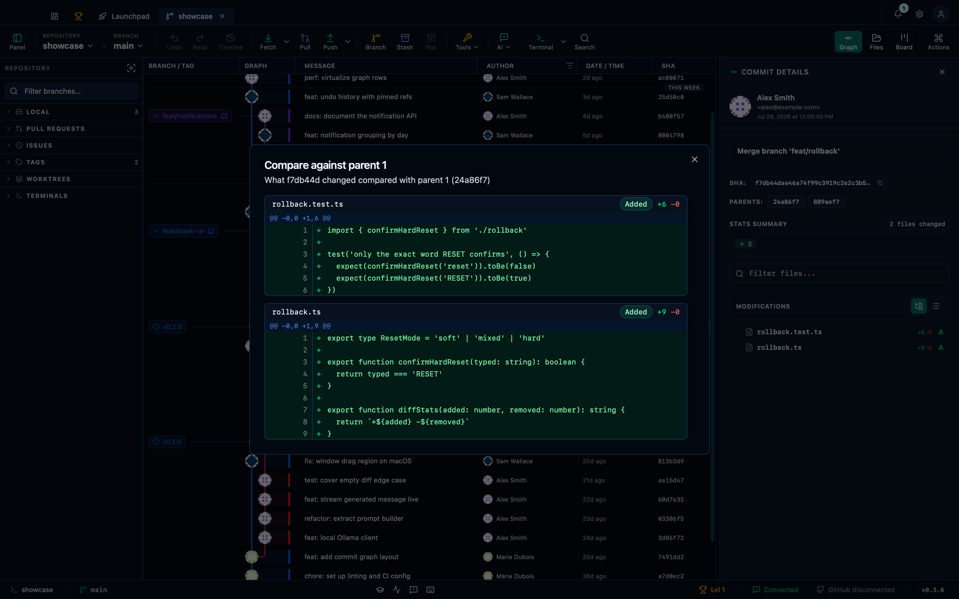 Comparing a merge commit against parent 1 shows the merged-in branch's files