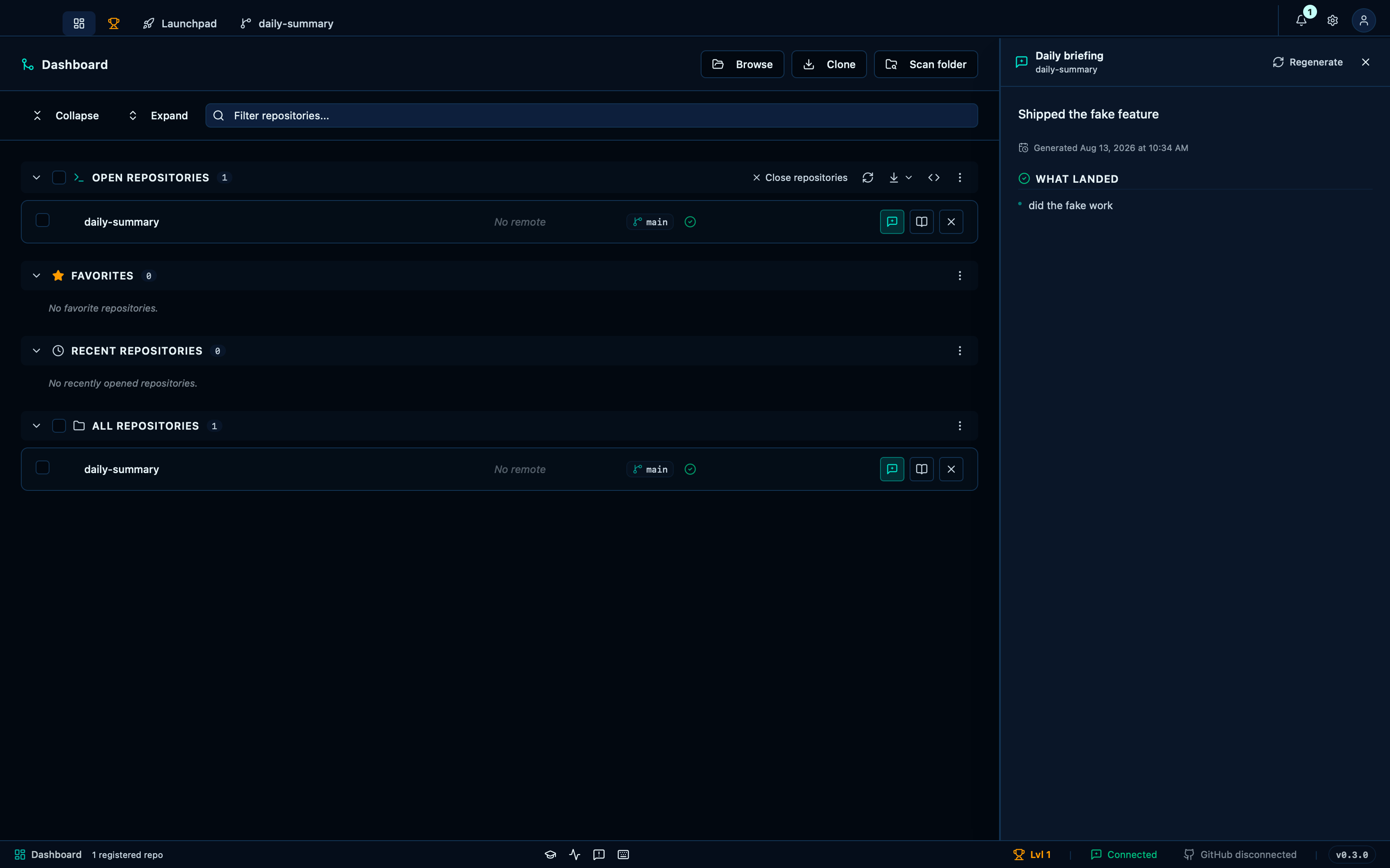 Opening the dashboard auto-generates the morning briefing for an open project