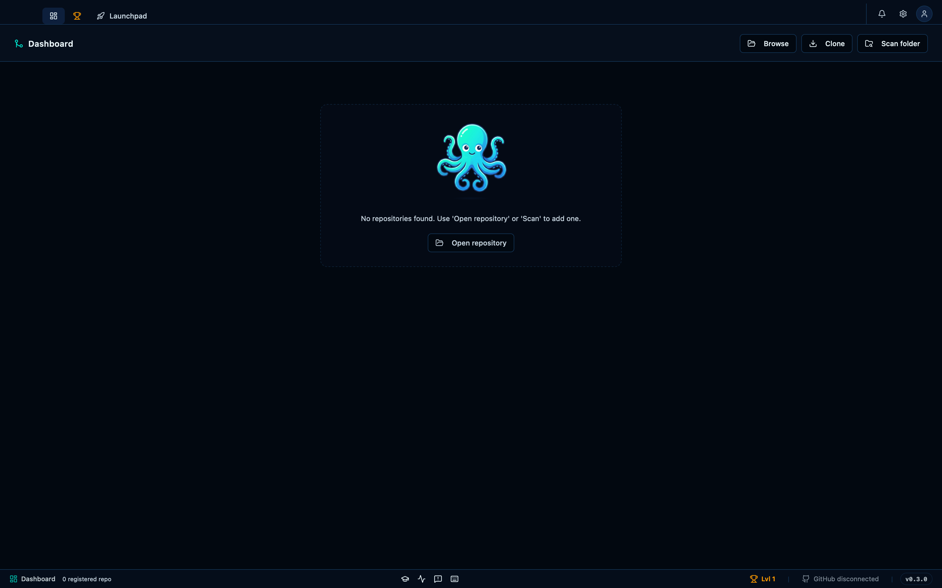 The dashboard before any repository has been opened