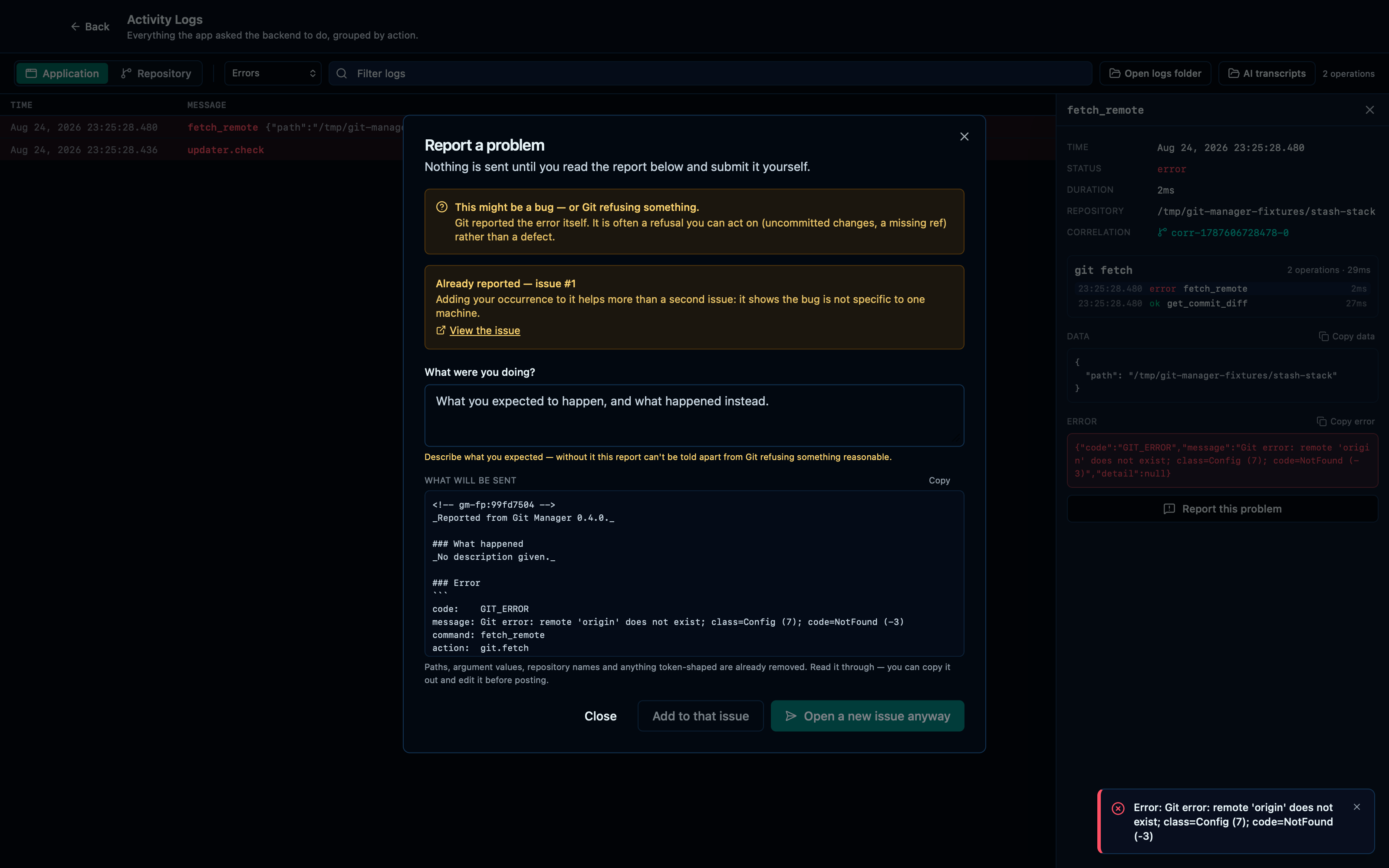 Submitting a report files a new issue, and reporting the same failure again finds it