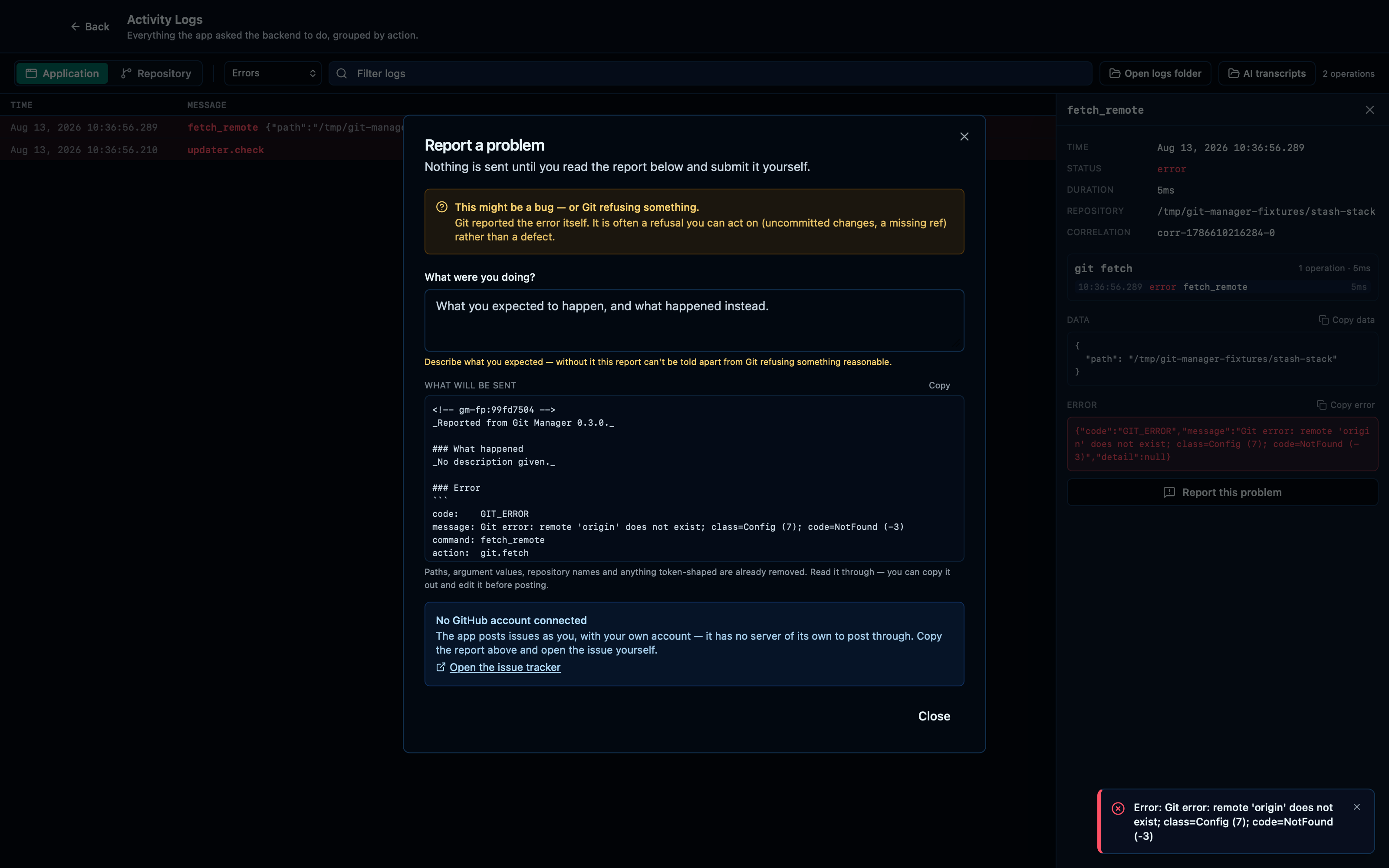 Reporting a failed operation from the activity log
