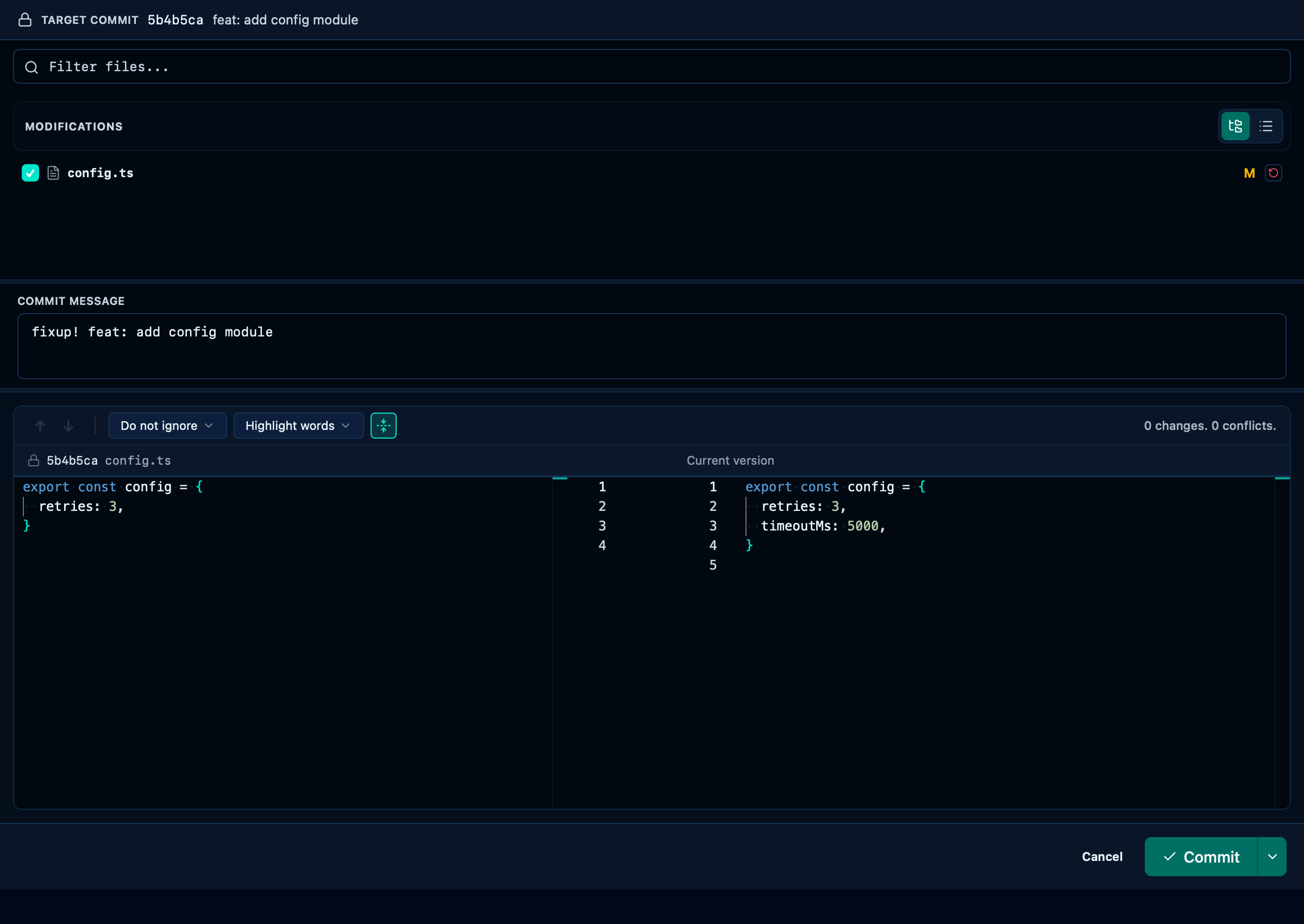 Creating a fixup commit from a staged change via the palette