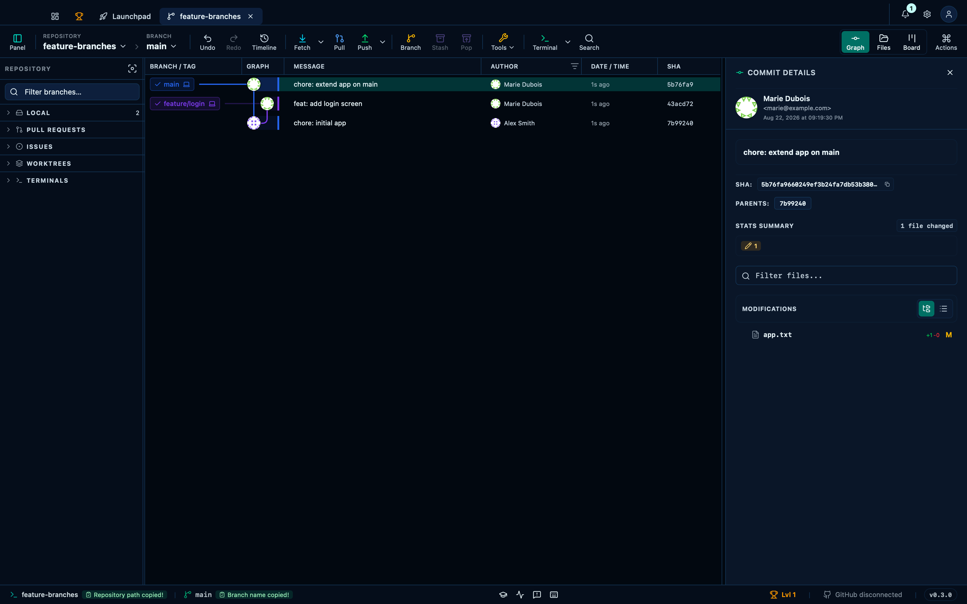 Copying the repository path and branch, and jumping to the changelog, from the footer