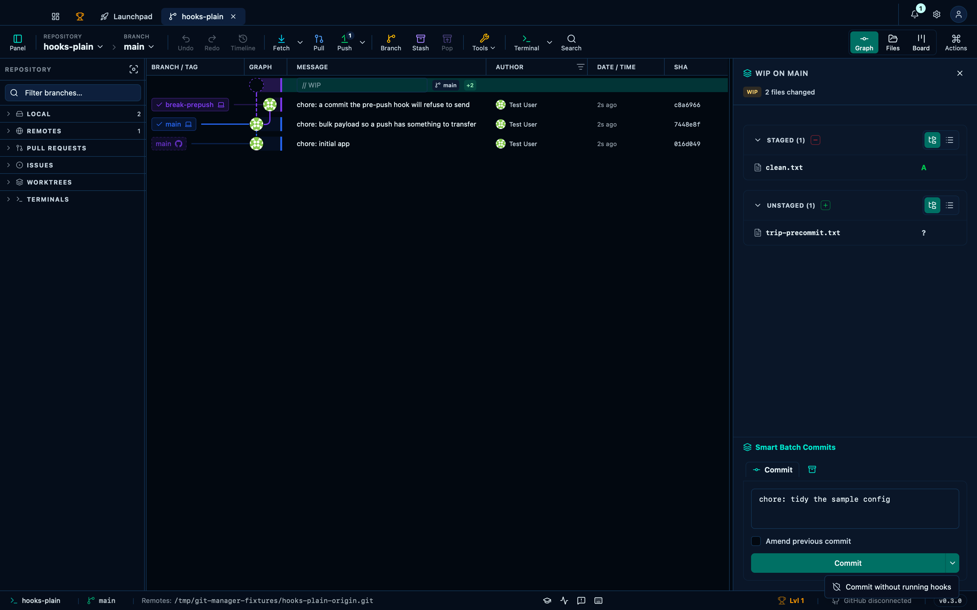 Your repository's hooks run here exactly as they do in a terminal