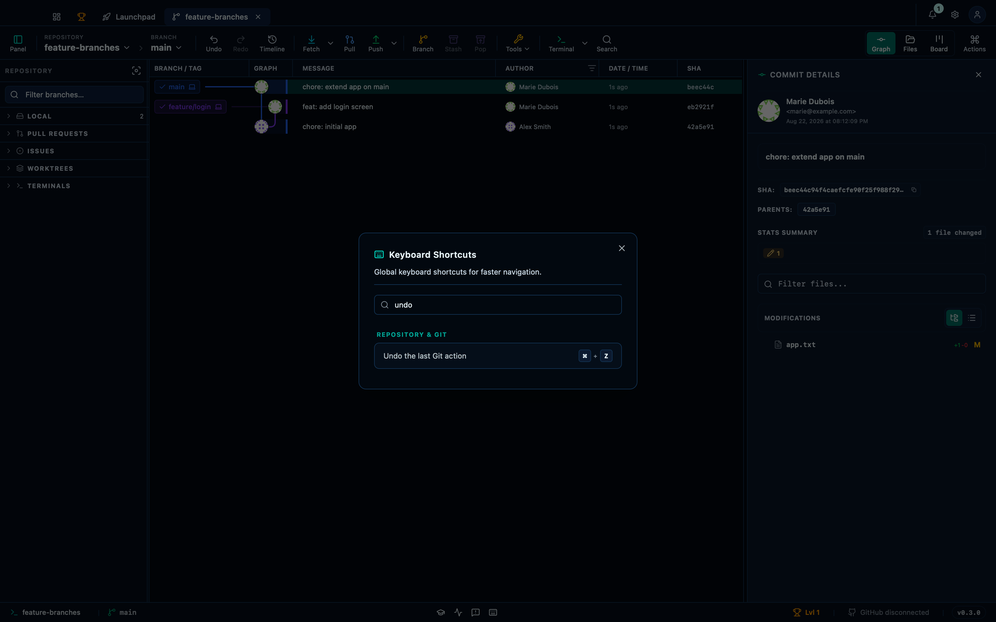Searching the in-app keyboard shortcuts reference