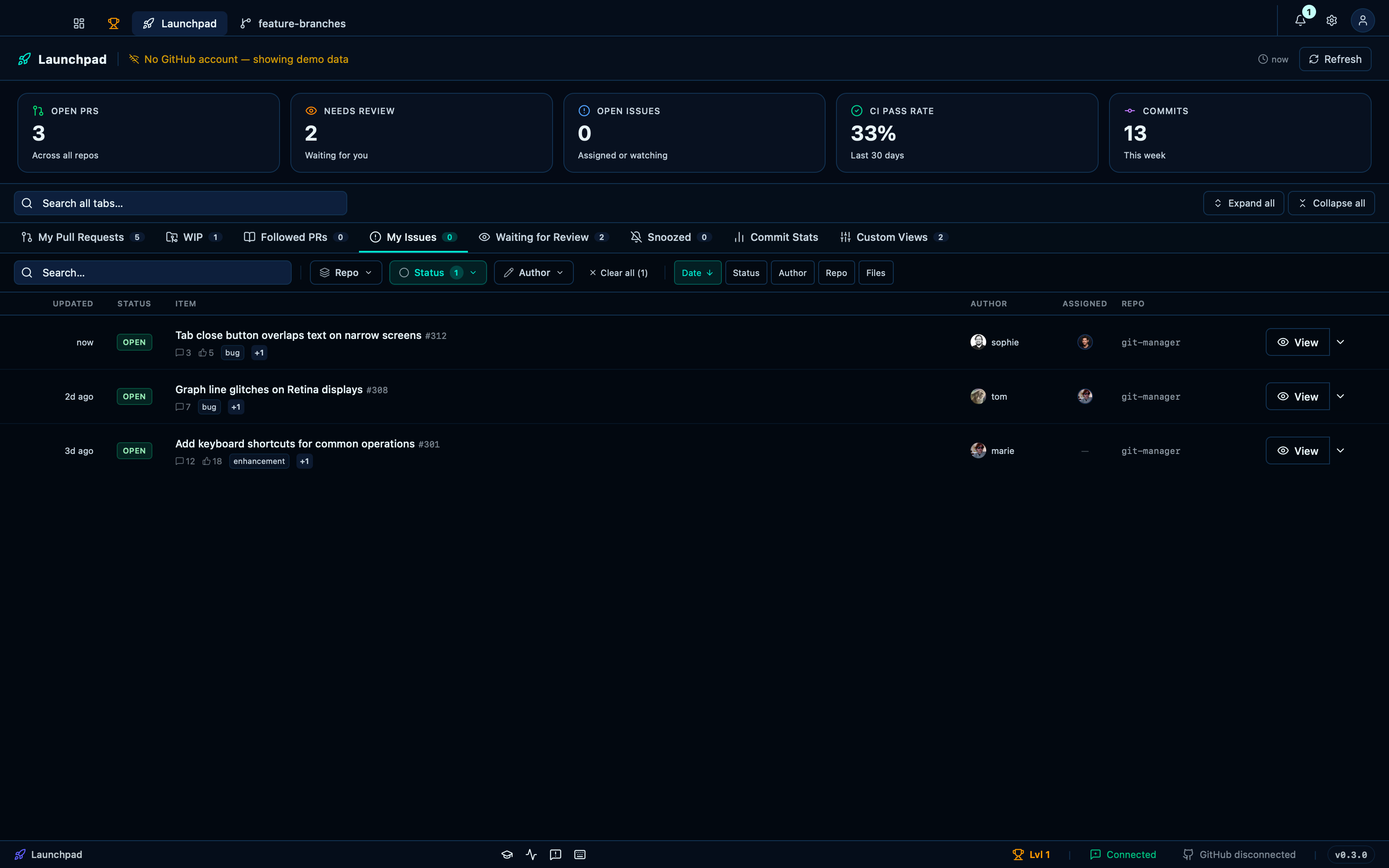 The Issues tab lists open issues from every repo you're tracking