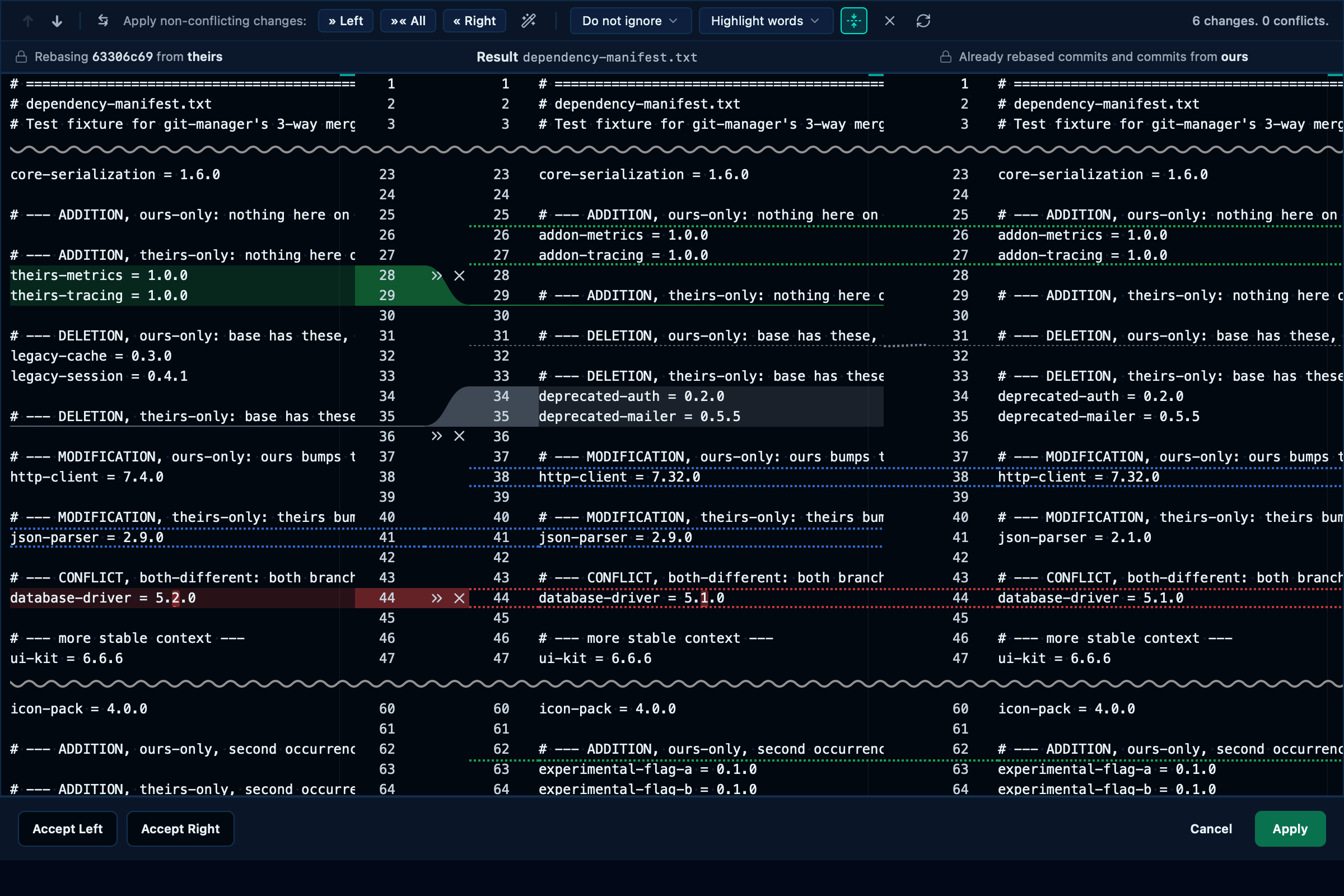 Auto-merging then resolving the remaining conflicts writes the merged result to disk