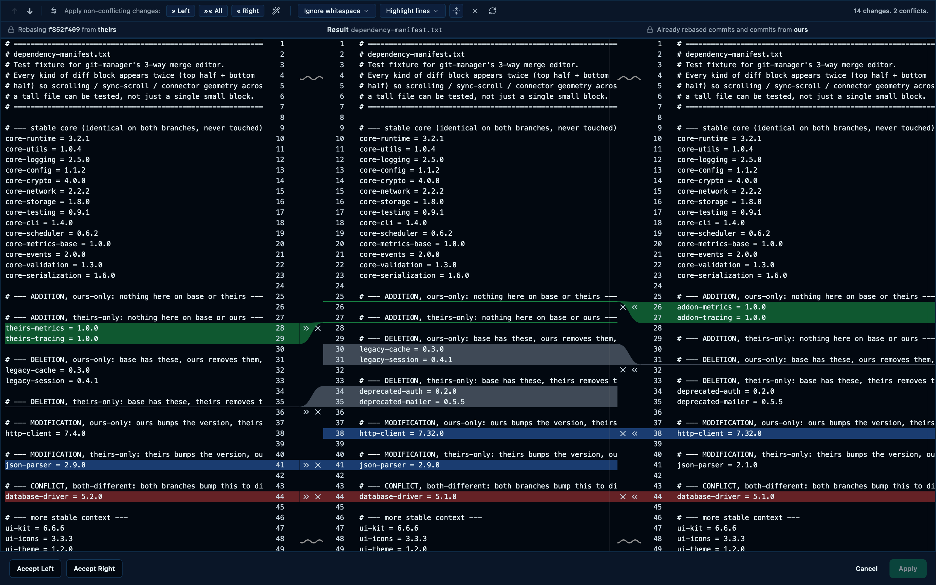 Filtering the diff by whitespace, highlight mode, and unfolding everything
