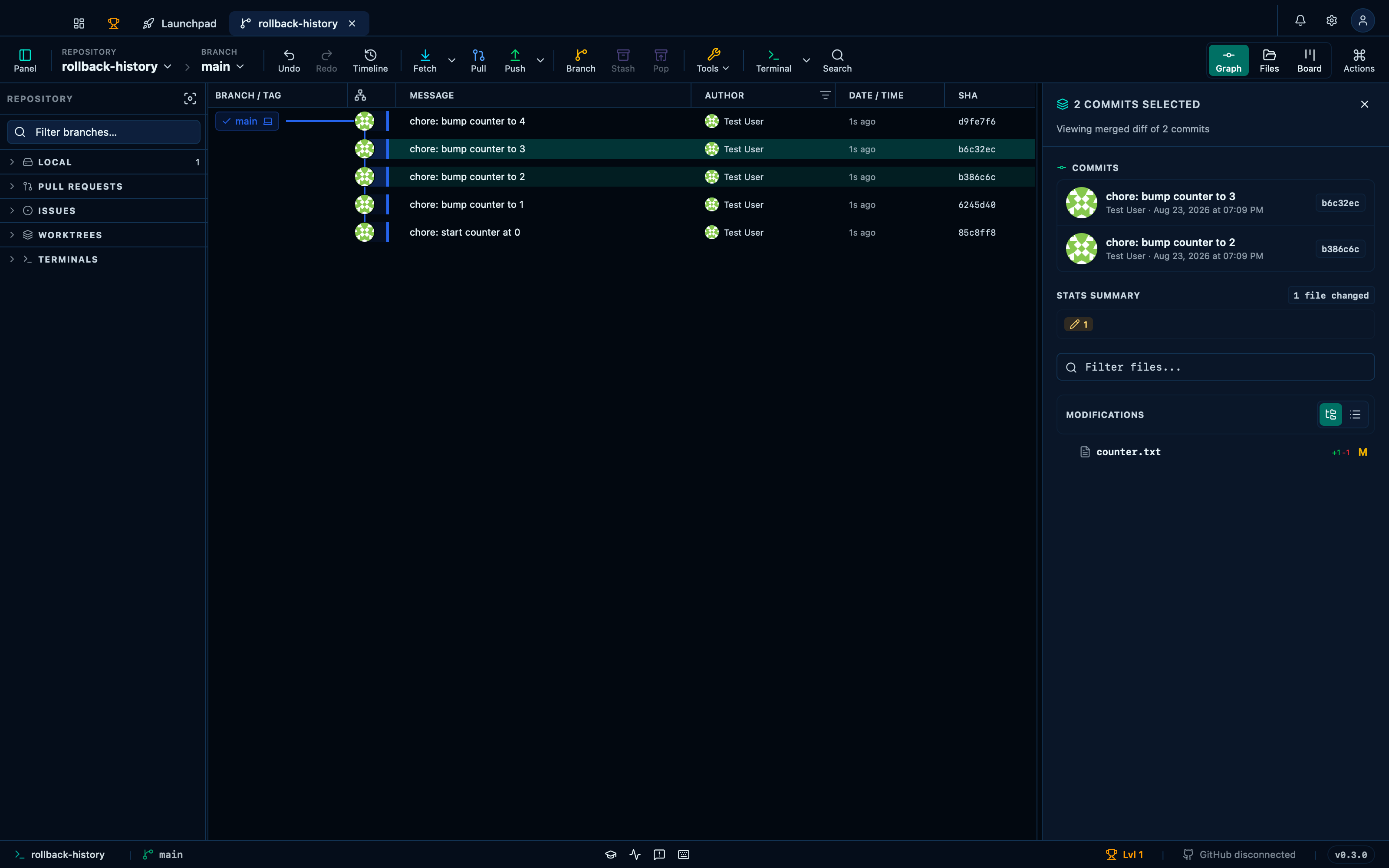 Selecting several commits shows their combined diff