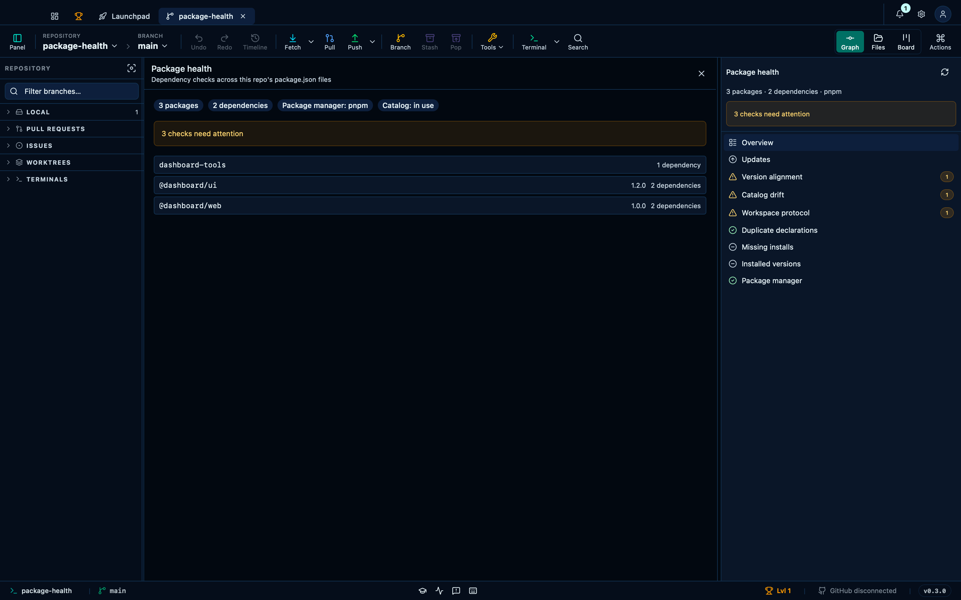 Running a health check reports package and dependency counts