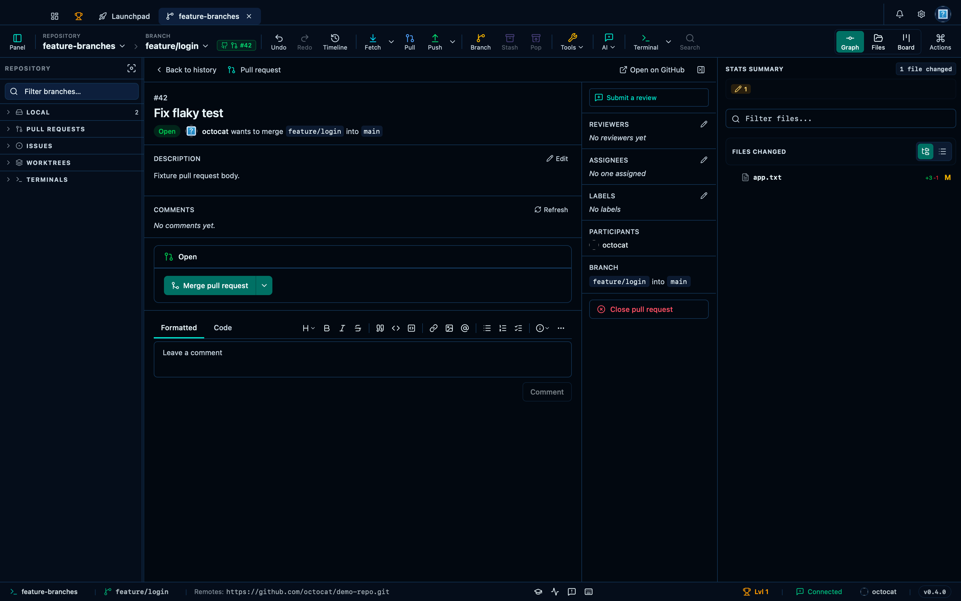 Selecting a linked pull request opens its detail panel