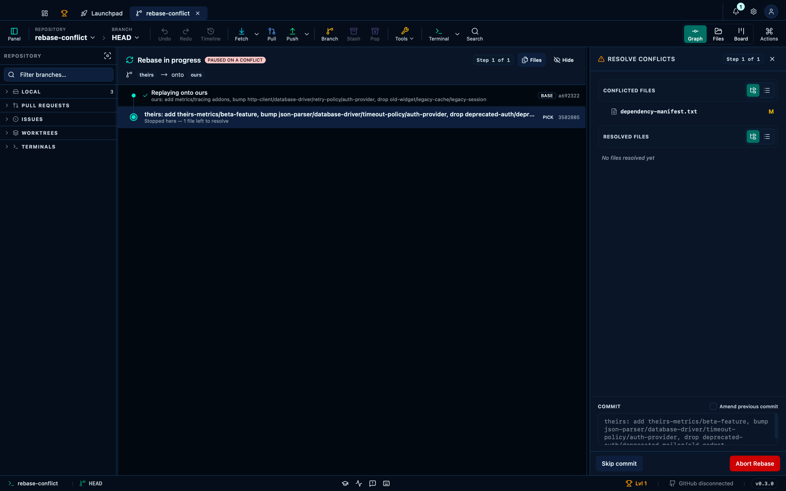 A paused rebase auto-opens the conflict resolution panel