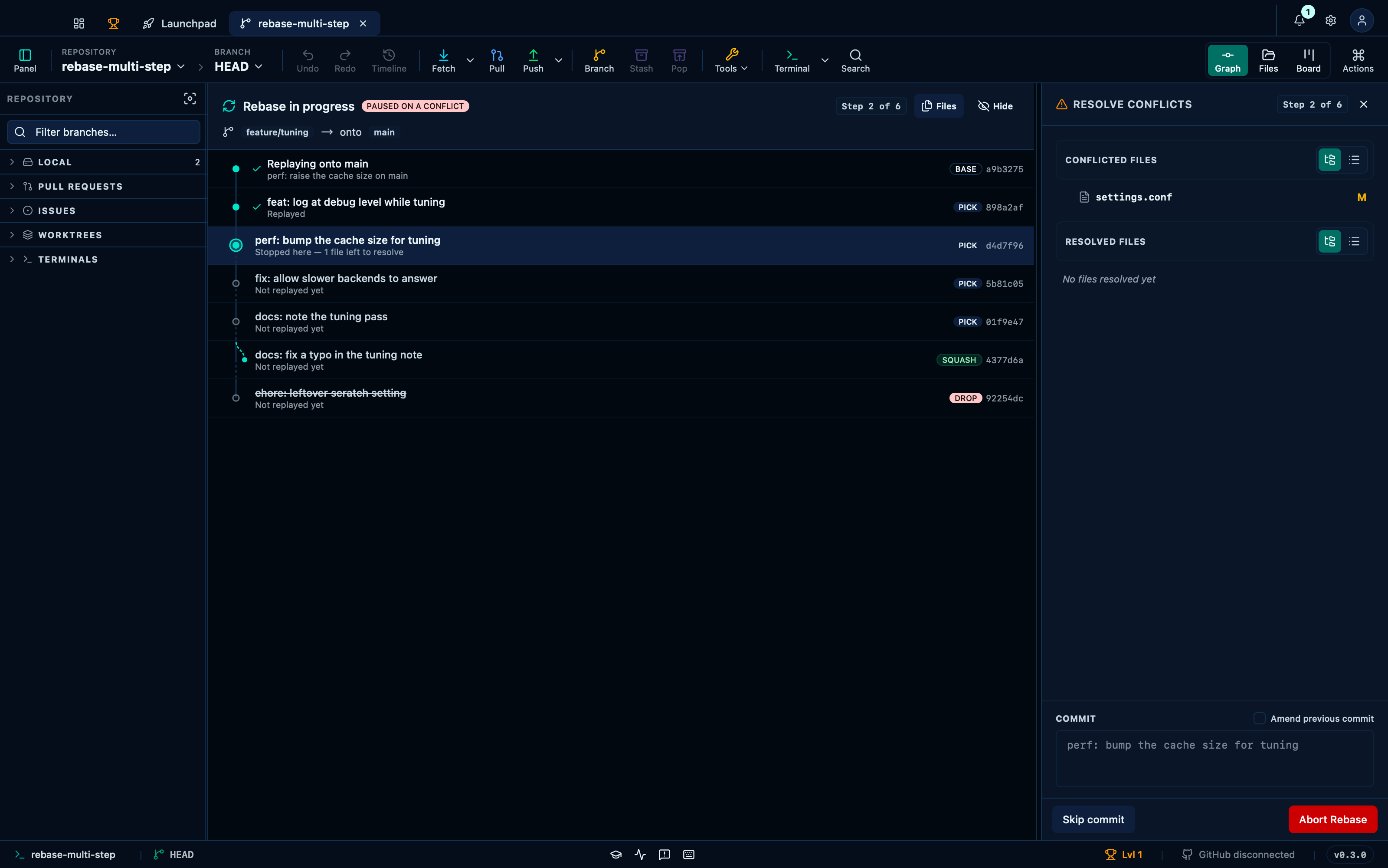 A paused rebase takes over the content view with its step rail
