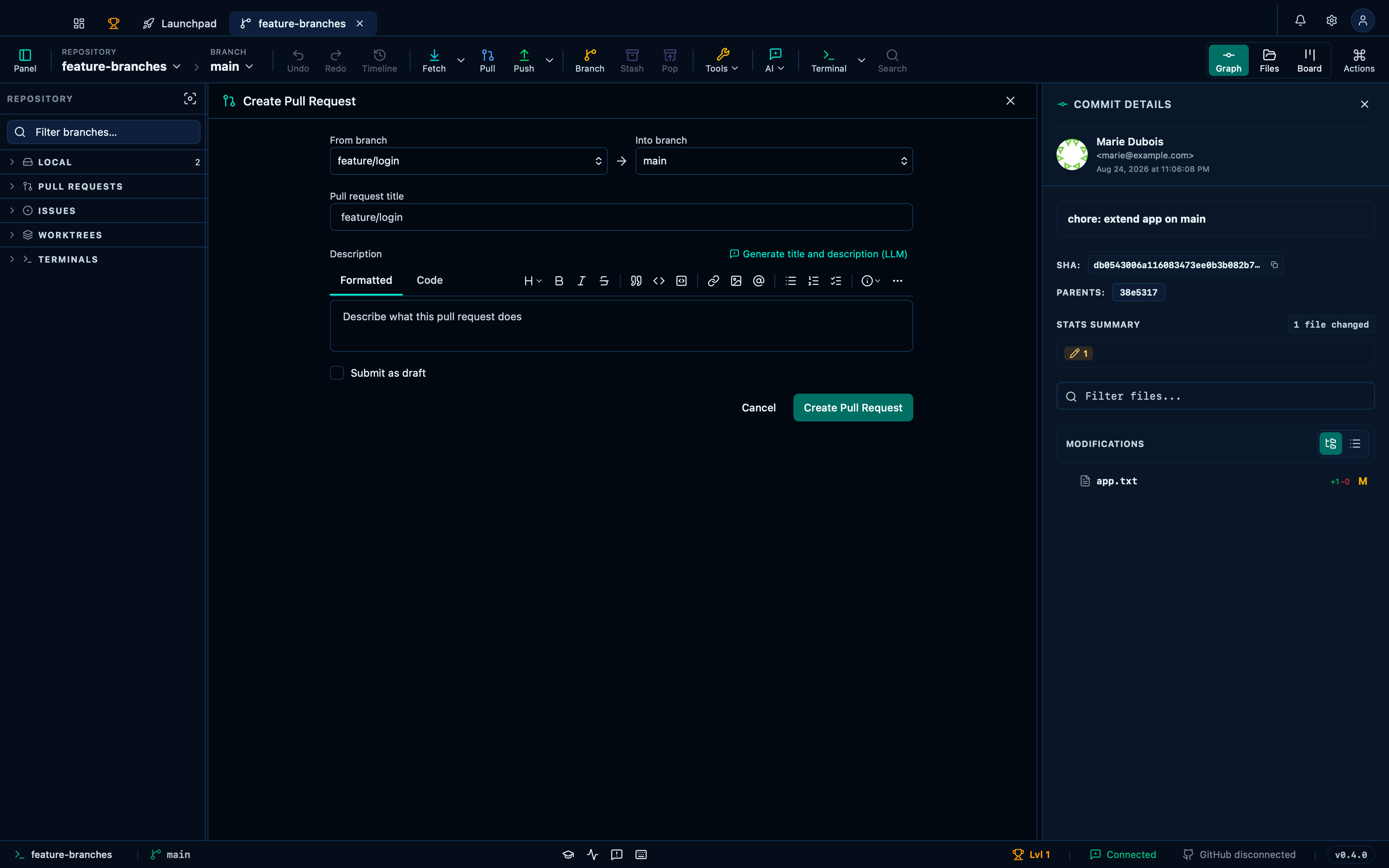 Starting a pull request pre-fills the head and base from the drop