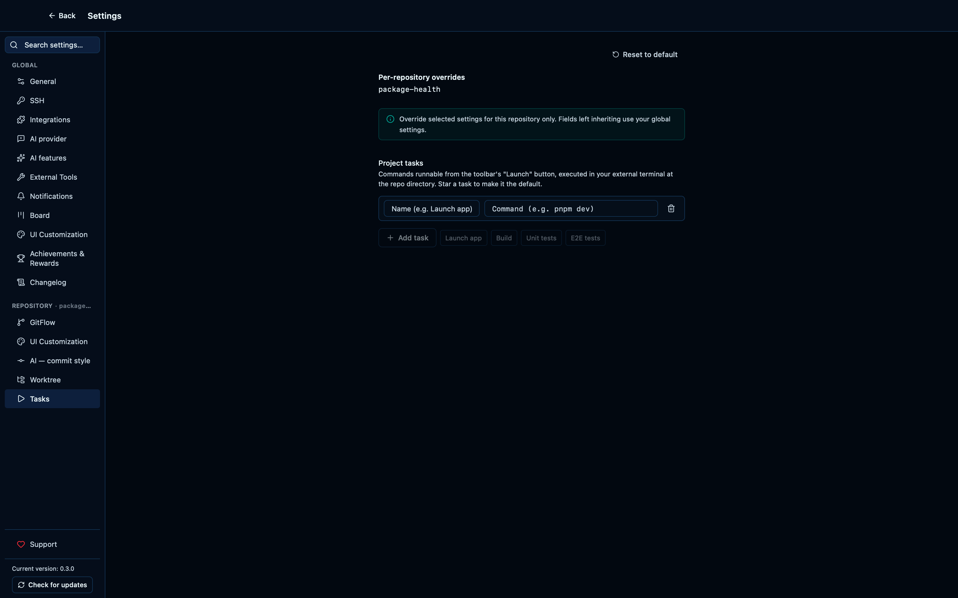 The repository's own scripts are suggested when adding a task