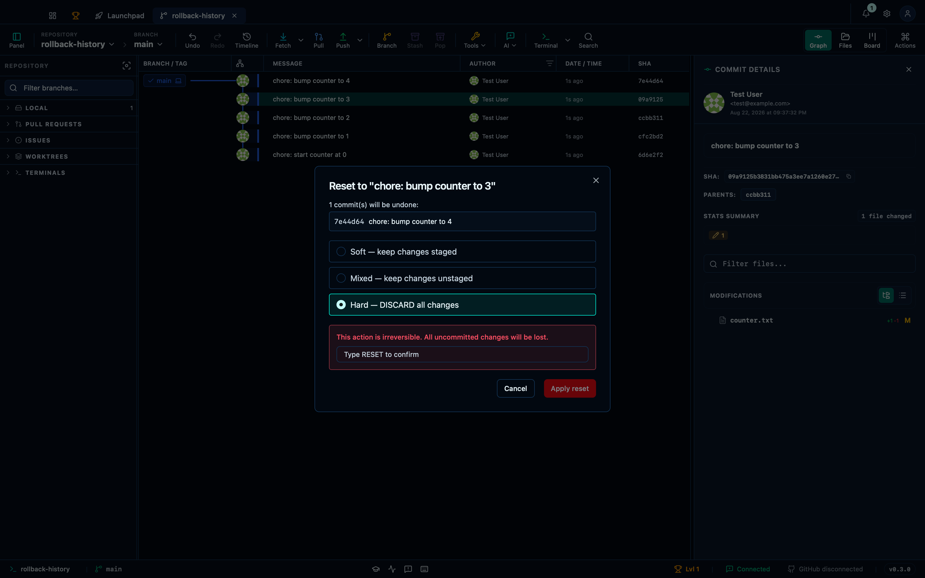 Hard-resetting requires typing RESET to confirm