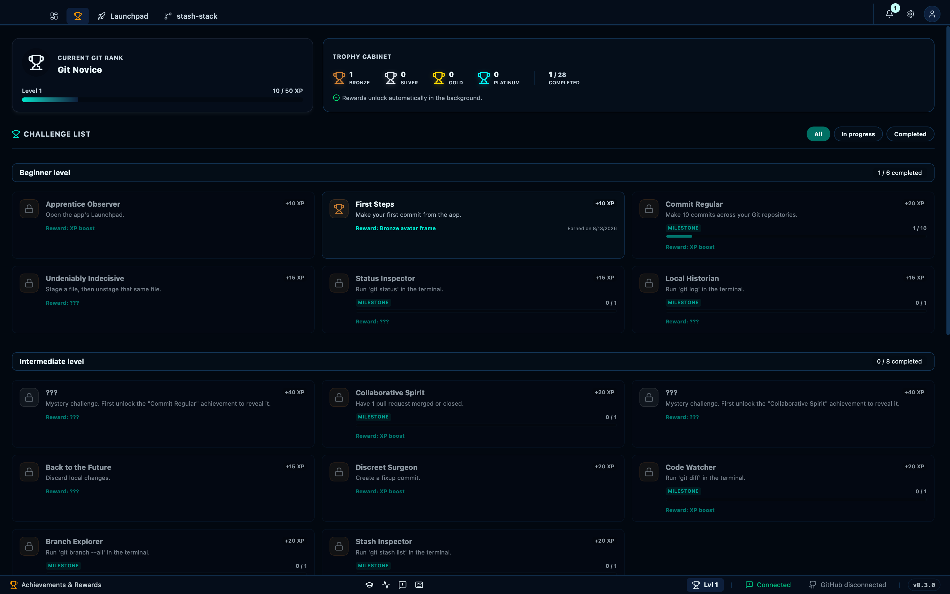 The Rewards tab shows unlocked and locked achievements