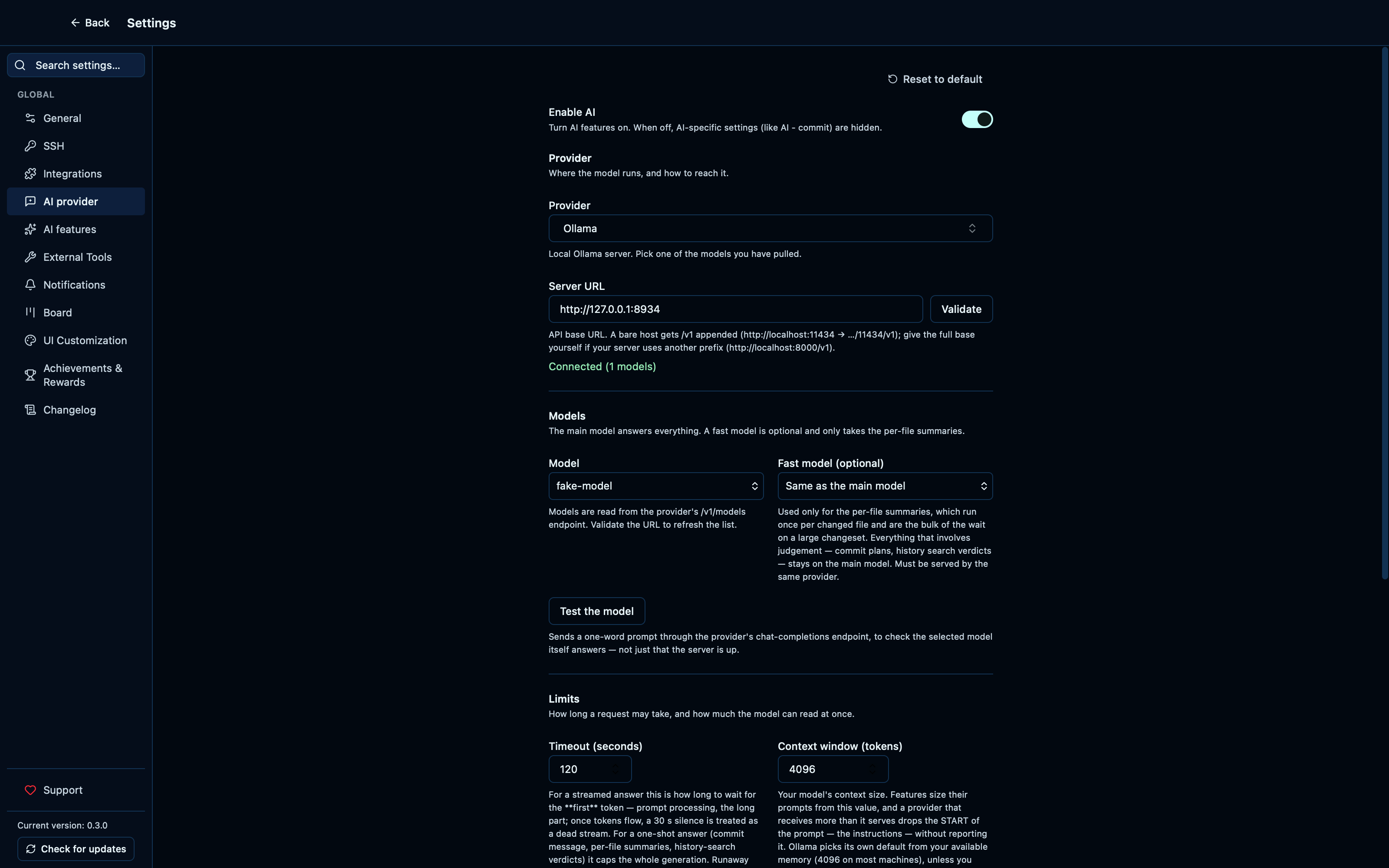 Testing the AI provider connection reports a definitive status