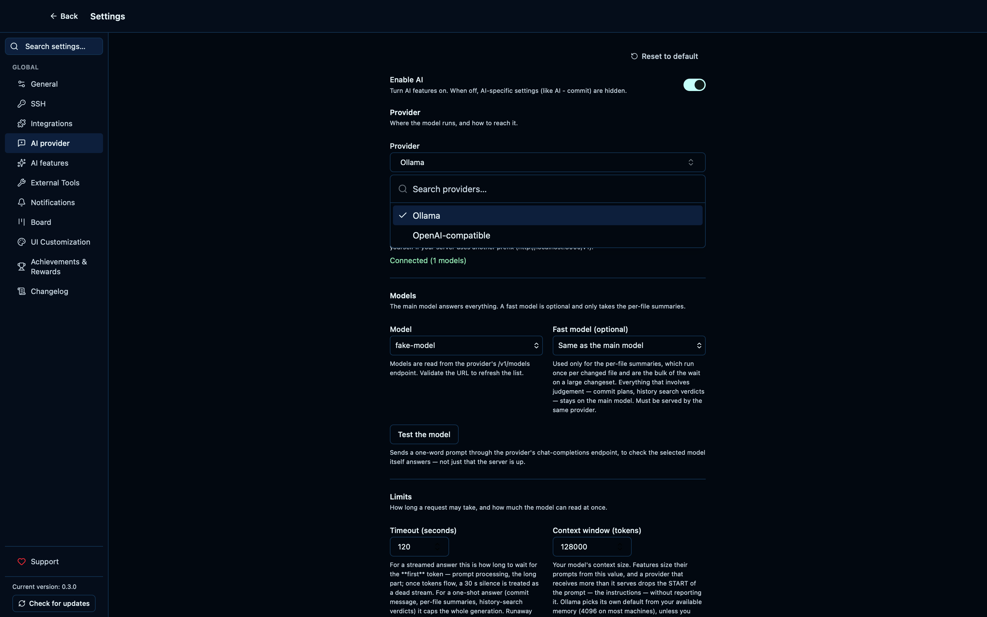 The AI provider dropdown offers Ollama and the generic OpenAI-compatible entry