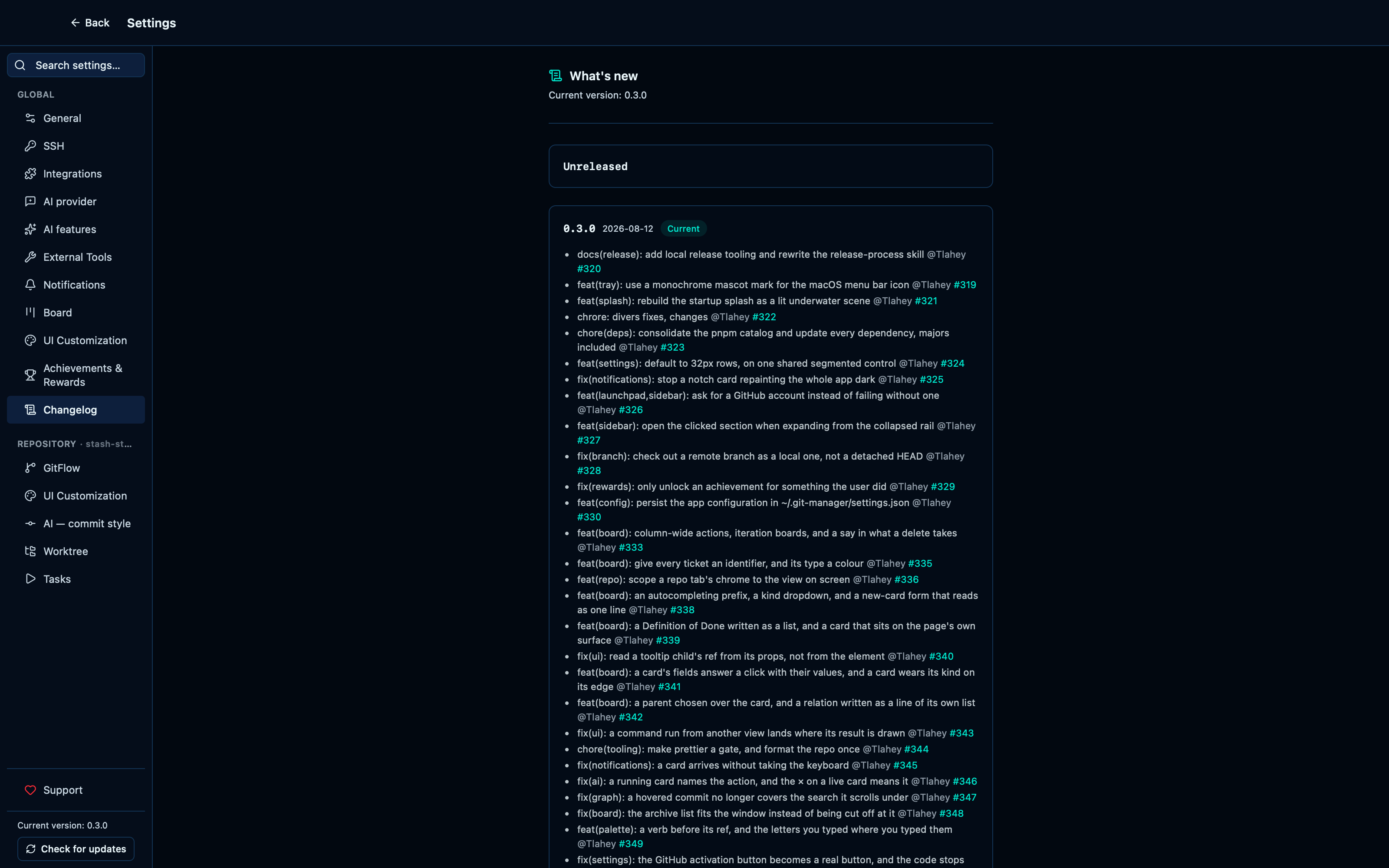 The changelog tab lists recent release entries