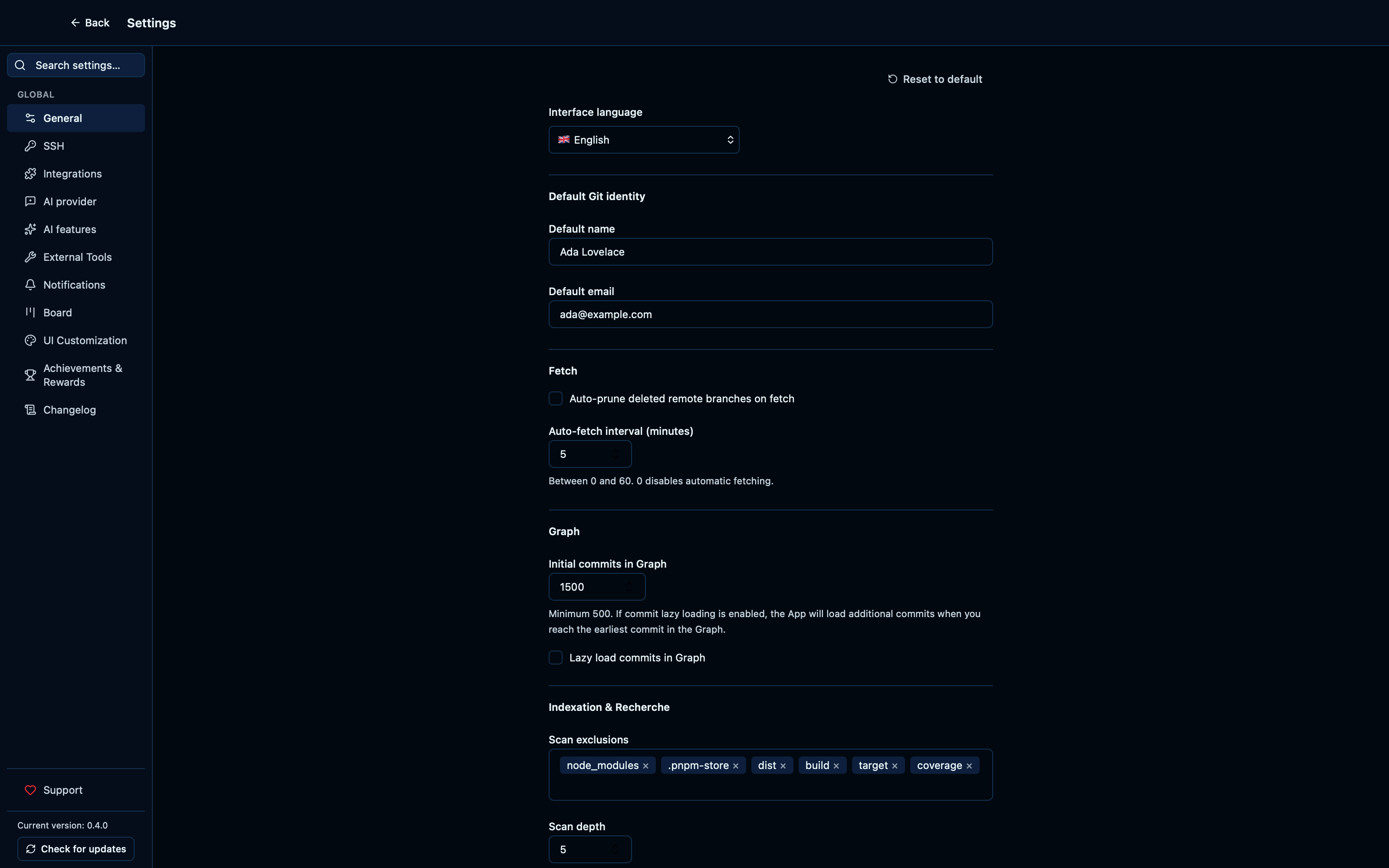 Configuring git identity, graph loading, and index scan settings persists across a reload