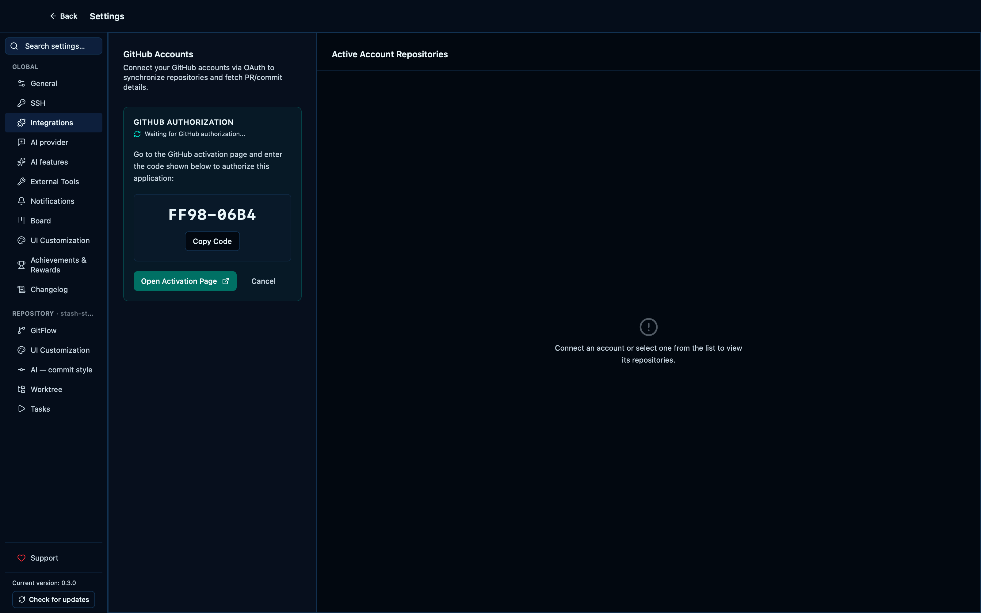 Starting the GitHub OAuth device flow shows a real device code, and it can be cancelled