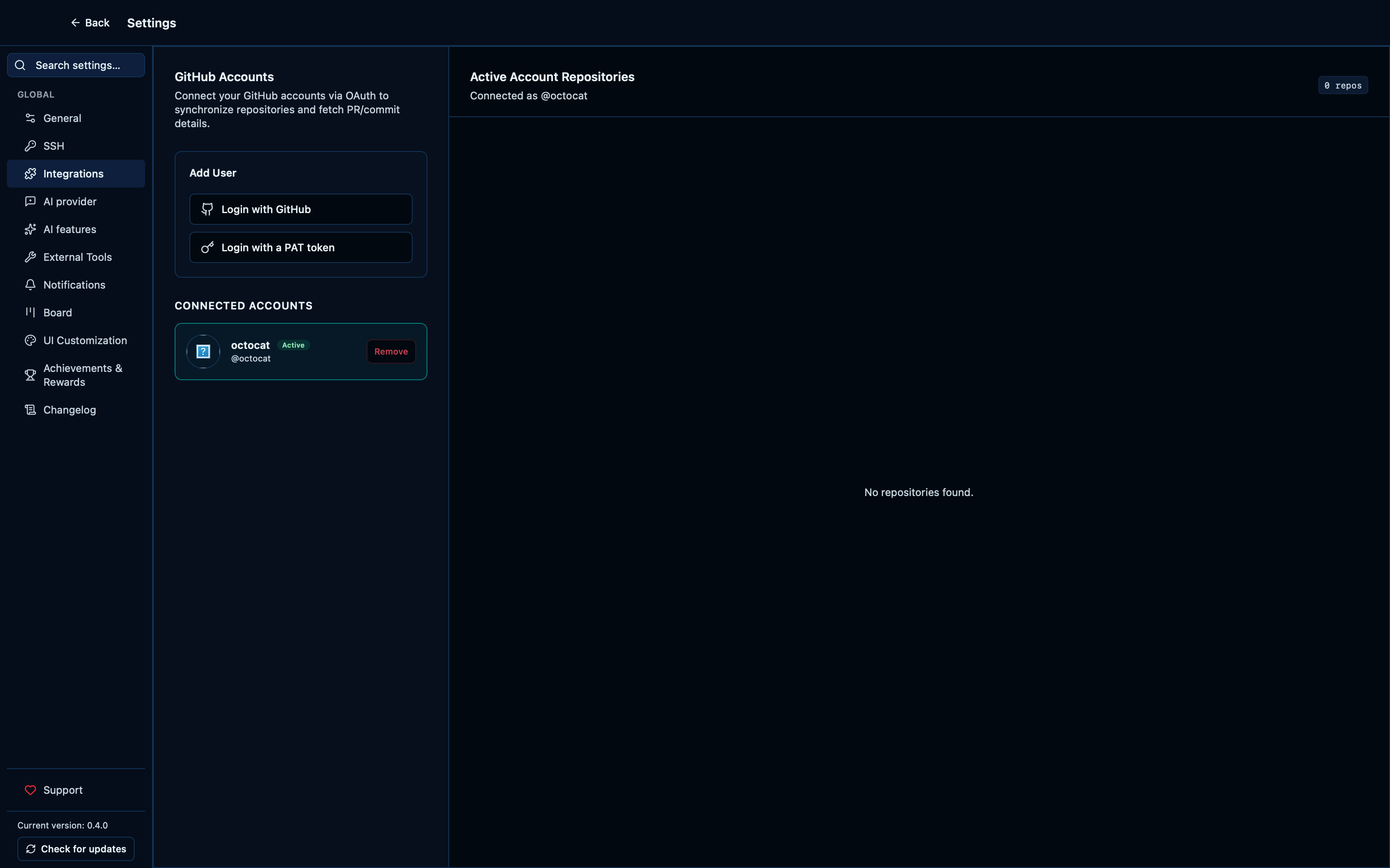Connecting GitHub with a valid personal access token