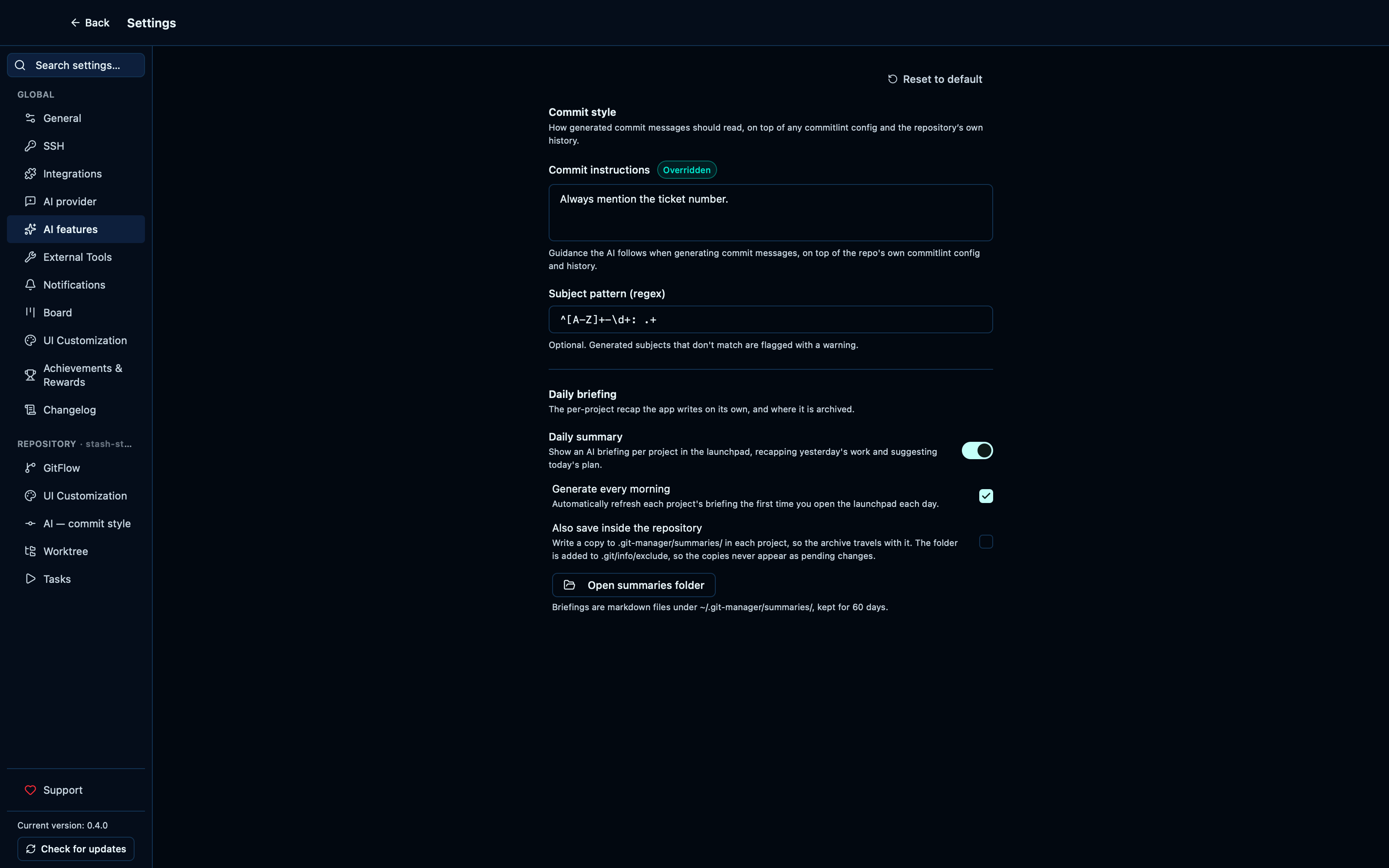 Overriding the per-repo commit instructions shows as overridden on the global AI Features page