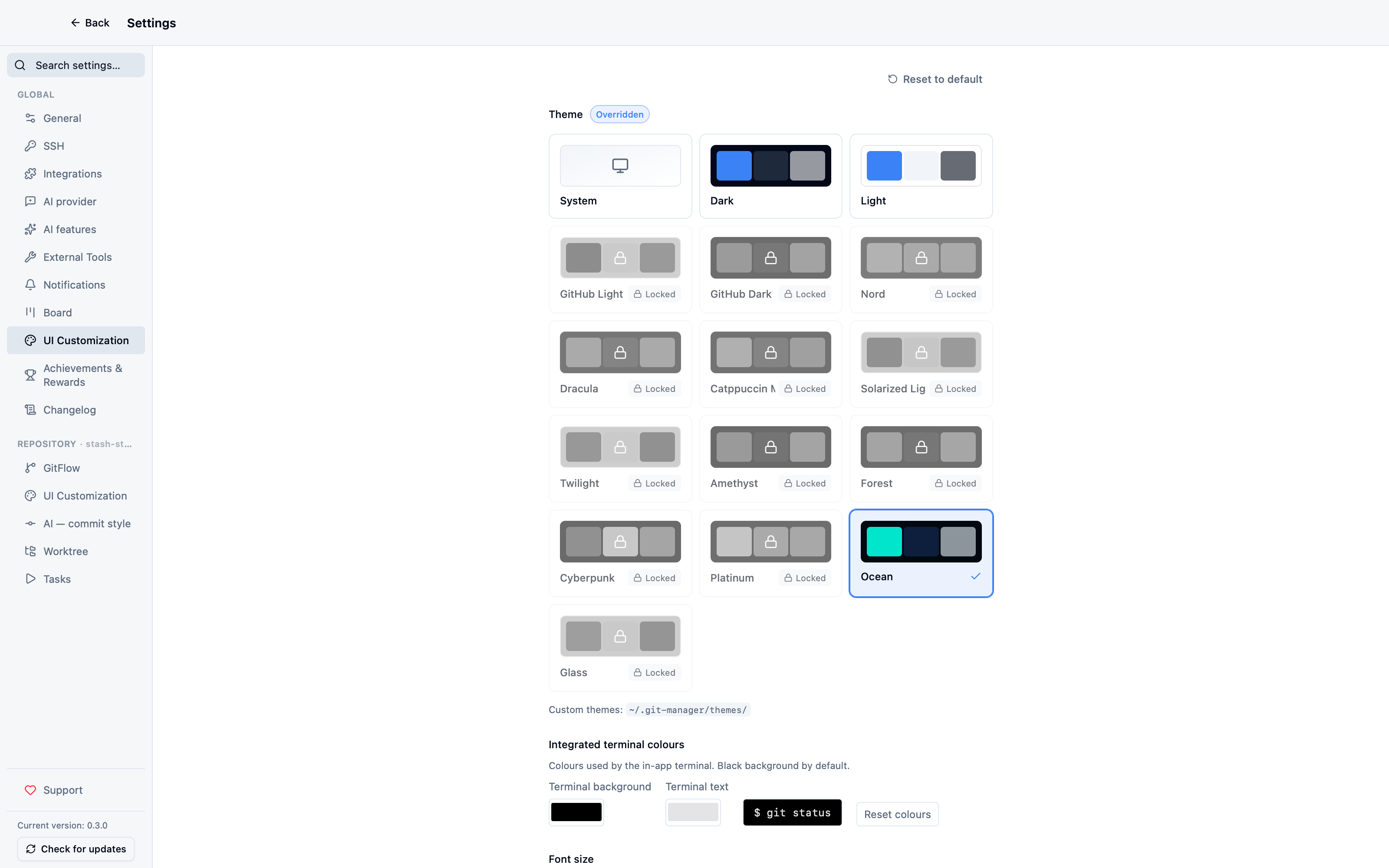 Overriding the per-repo theme shows as overridden on the global Appearance page