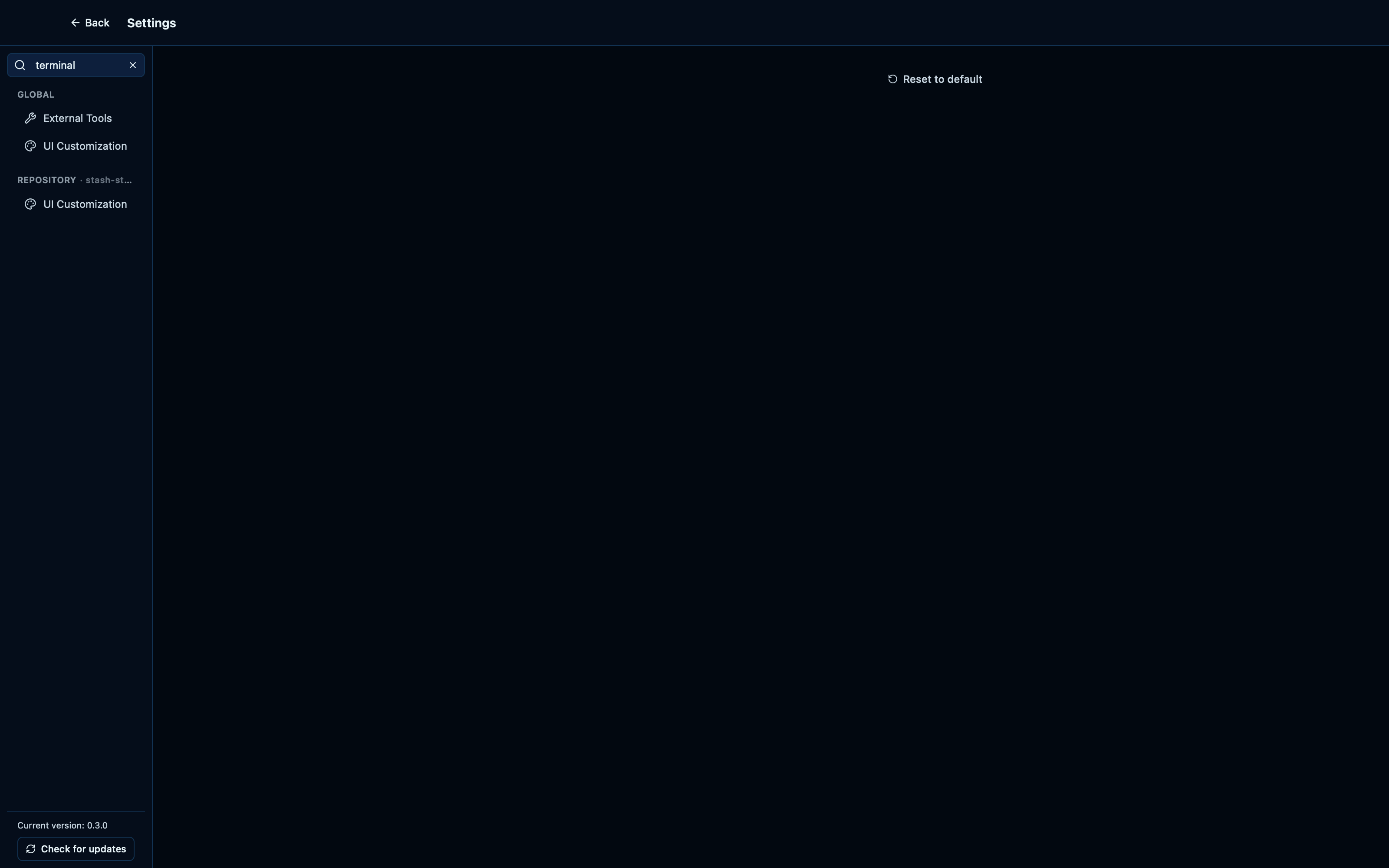 Searching settings filters the side panel to matching sections