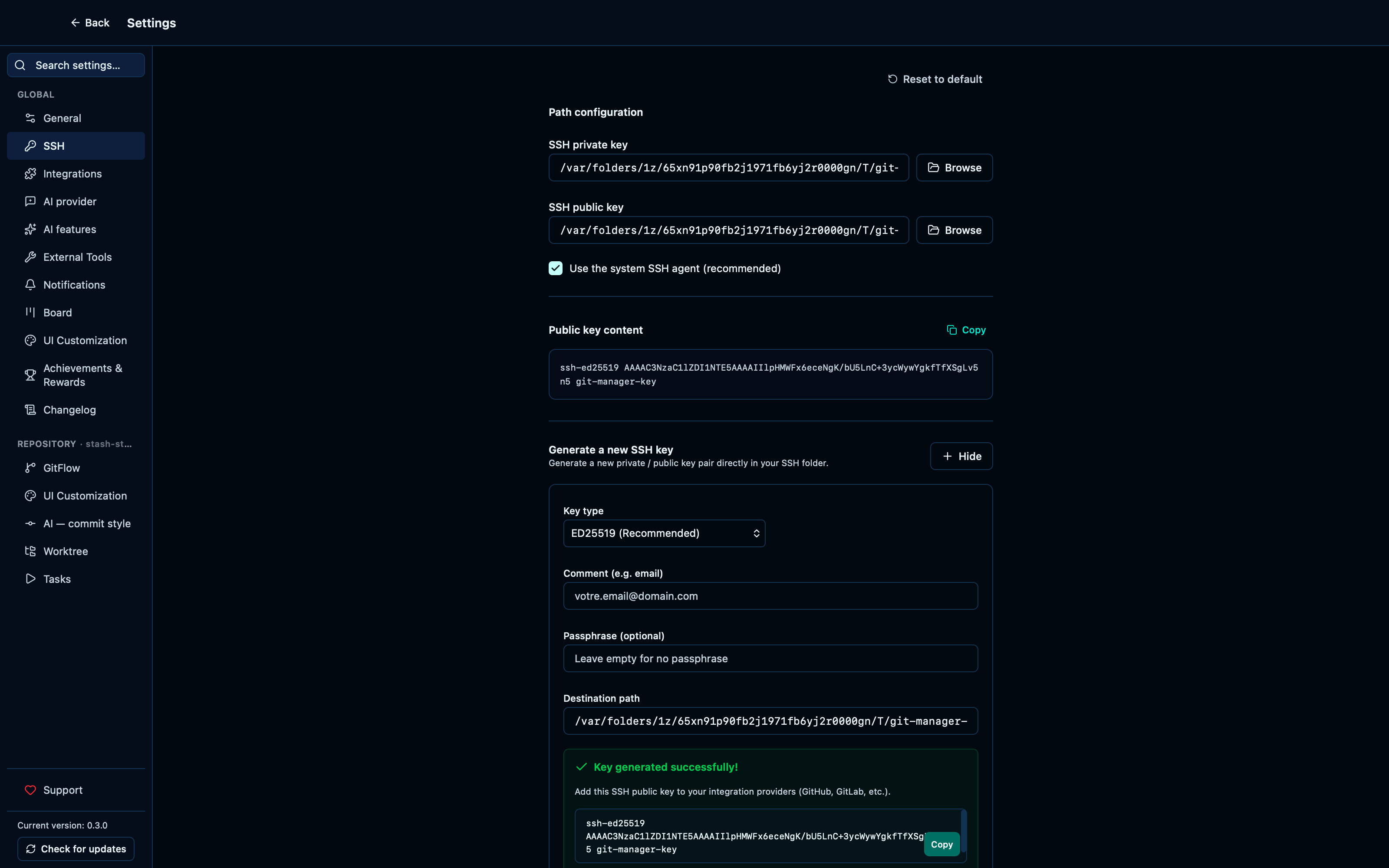 Generating a new SSH key pair writes real key files to disk