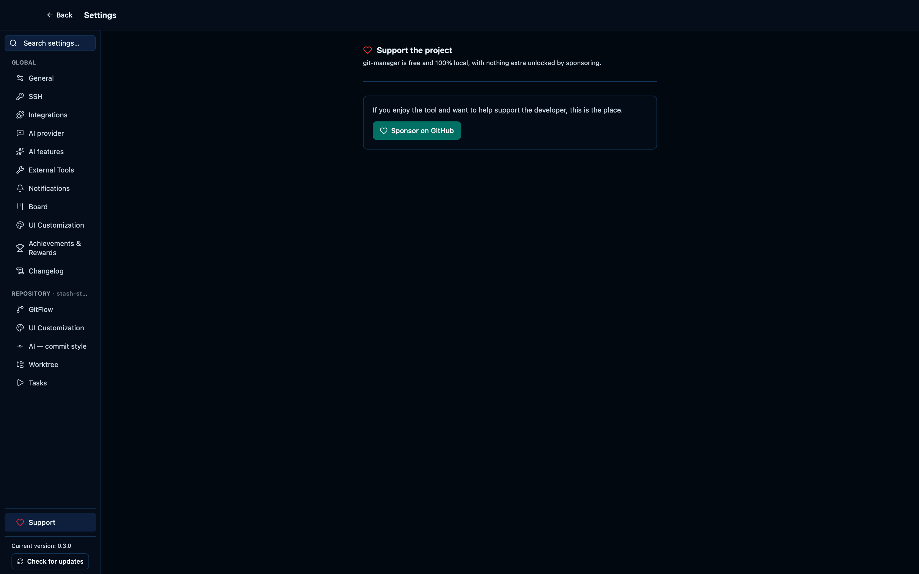 The Support tab links to GitHub Sponsors