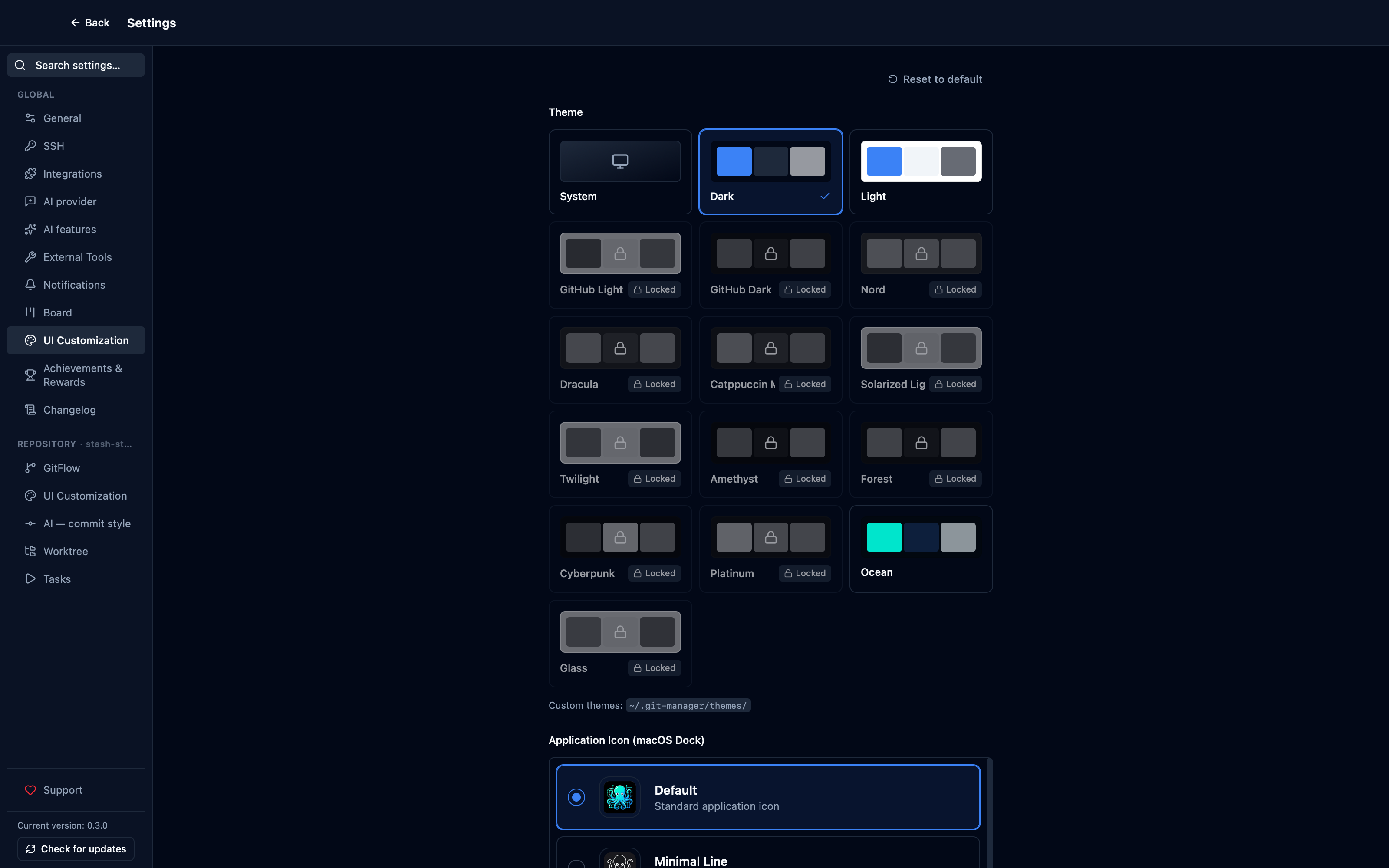 Selecting a built-in theme applies it and persists across a reload