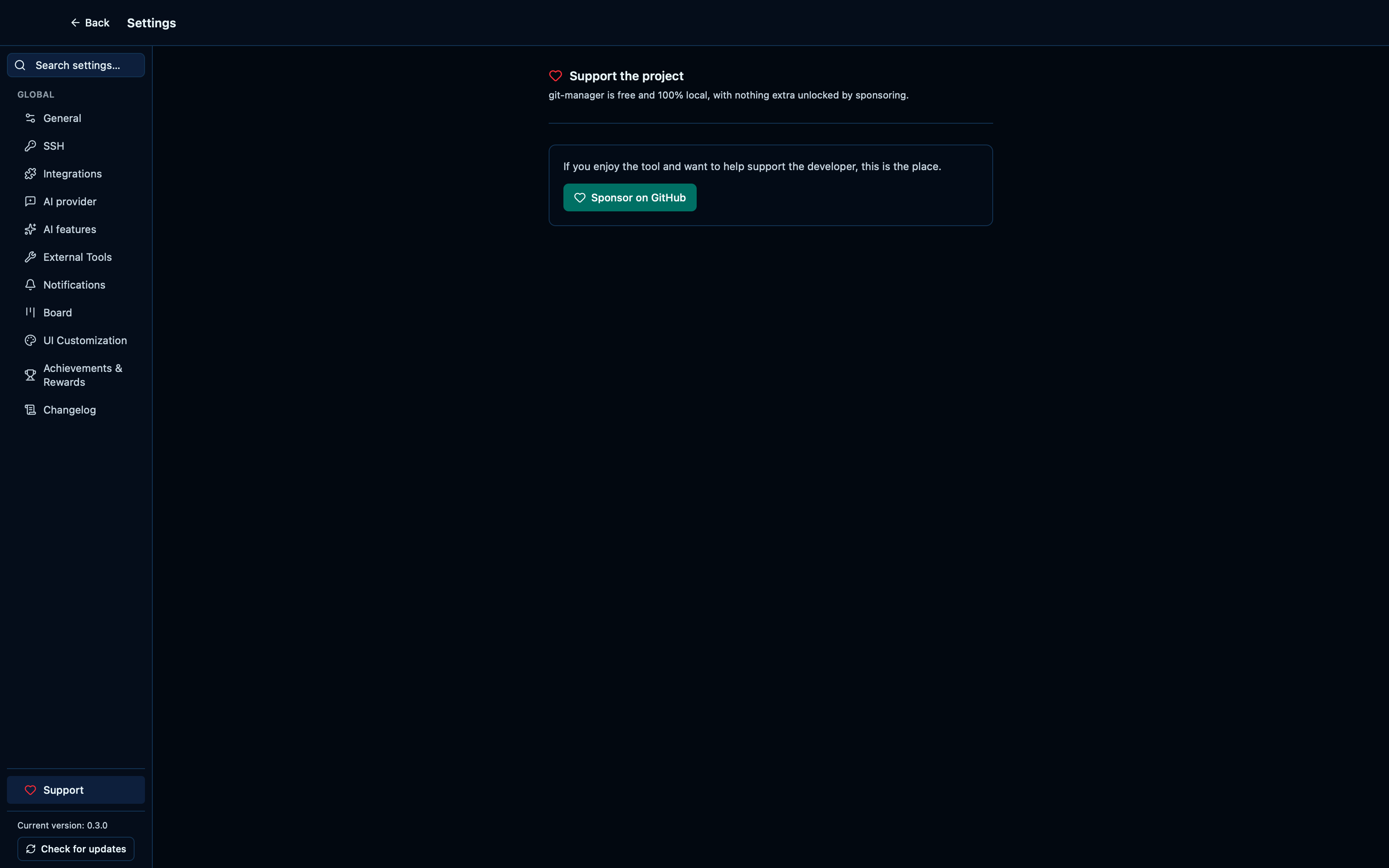 The current version and an update check sit below every settings tab