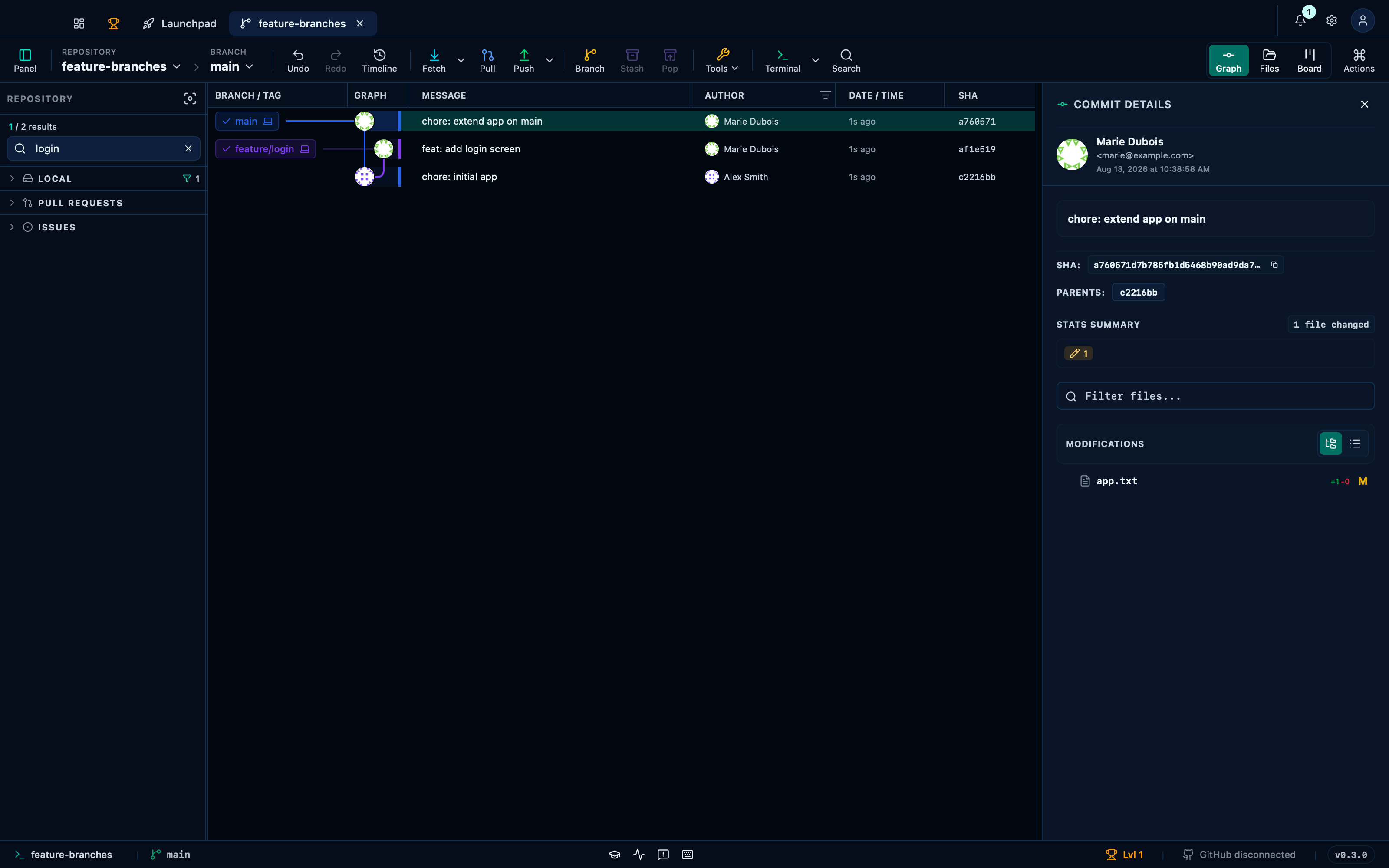 Searching the sidebar filters and can solo a branch