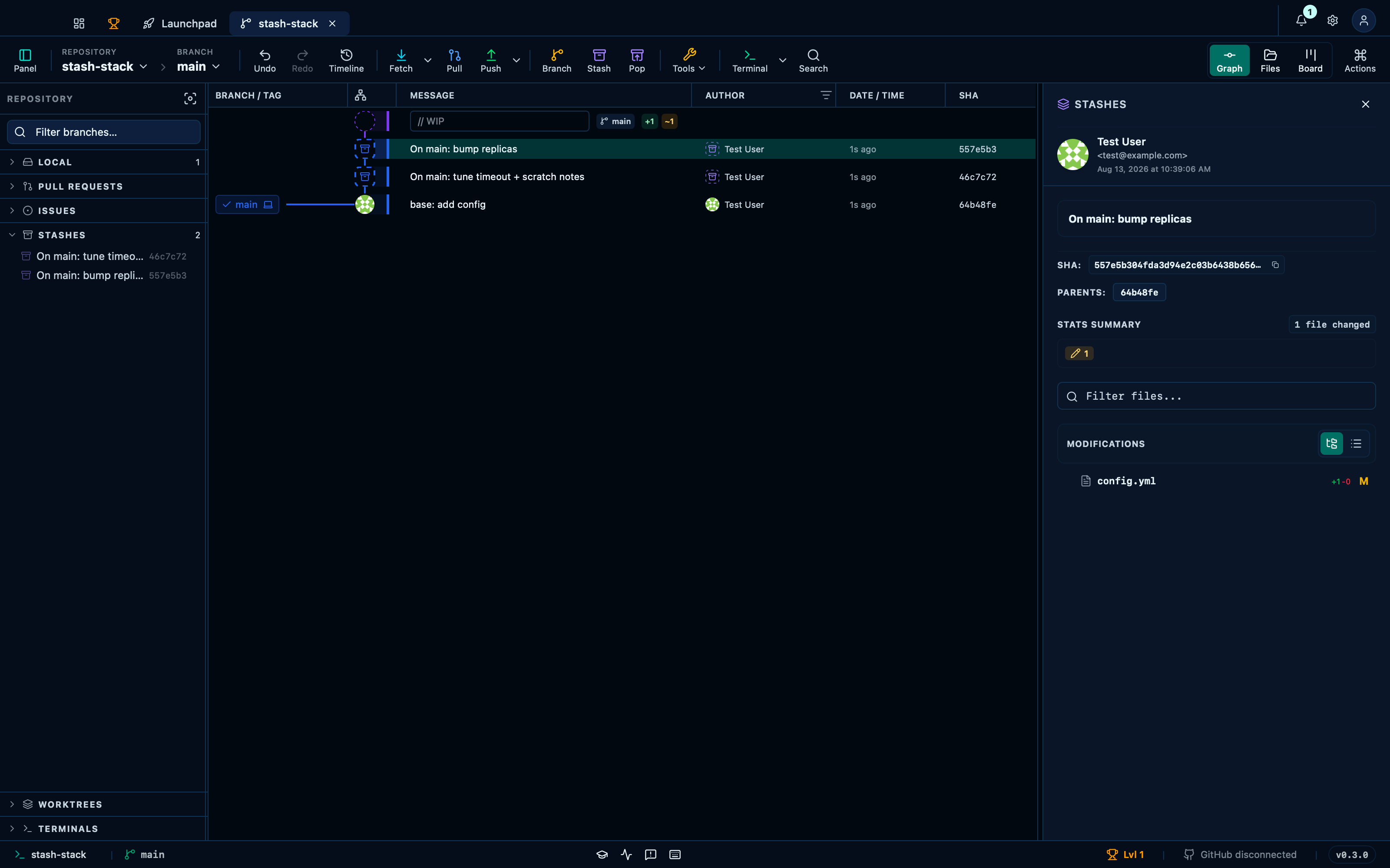 The sidebar lists the stashed changes