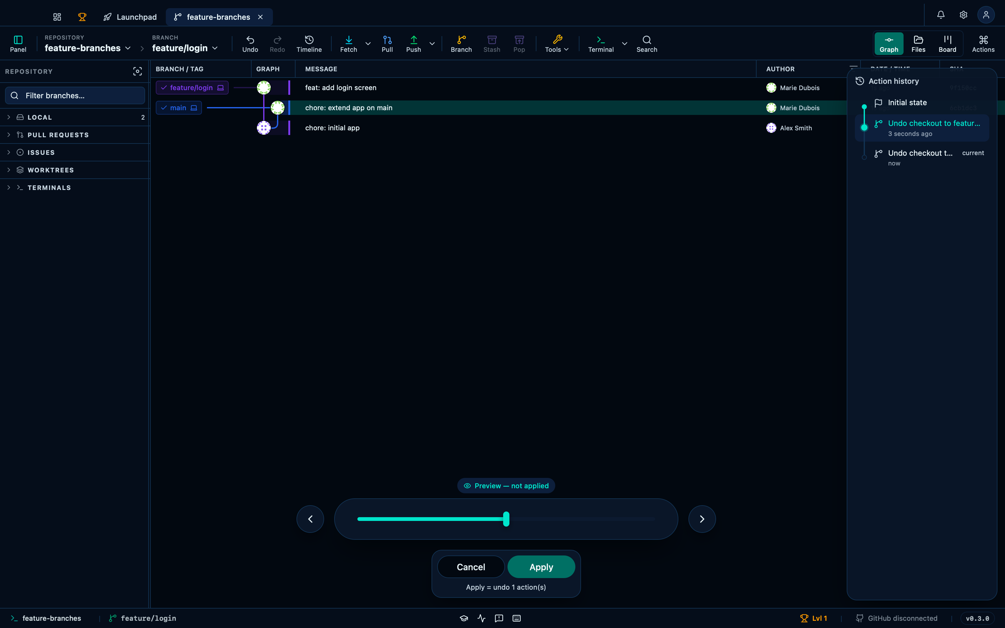 Scrubbing the timeline previews an earlier state before committing to it