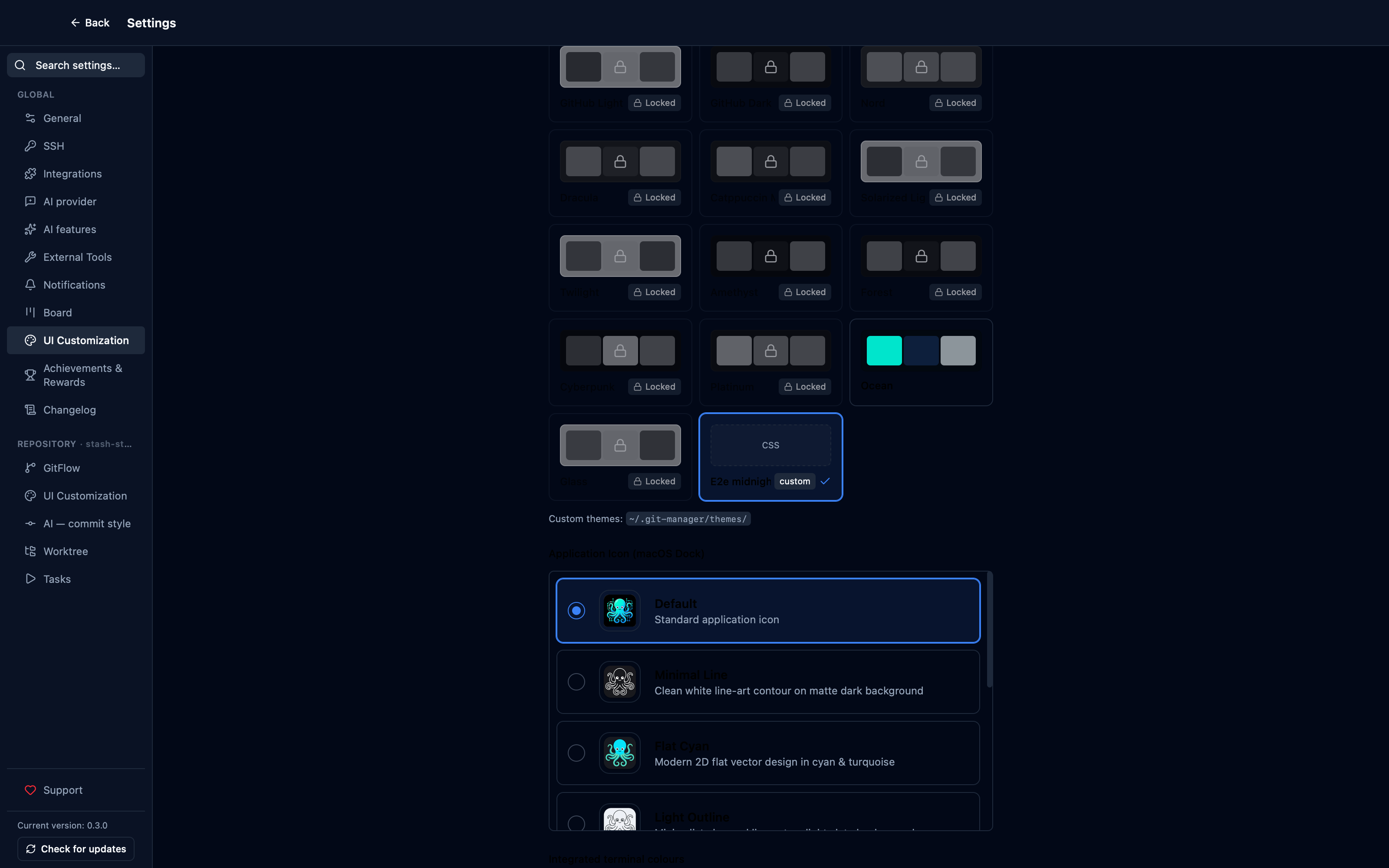 A theme dropped into the themes folder shows up alongside the built-in ones