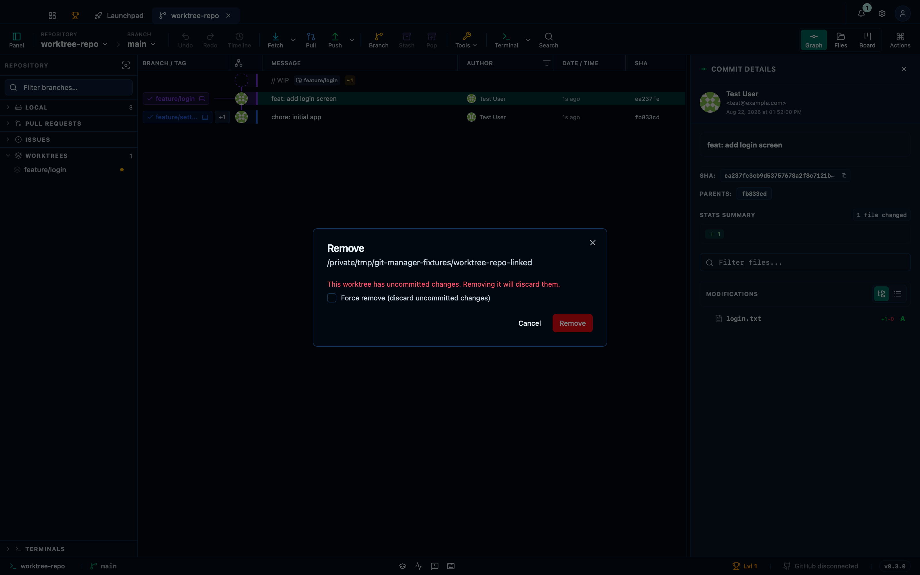 Removing a dirty worktree requires forcing